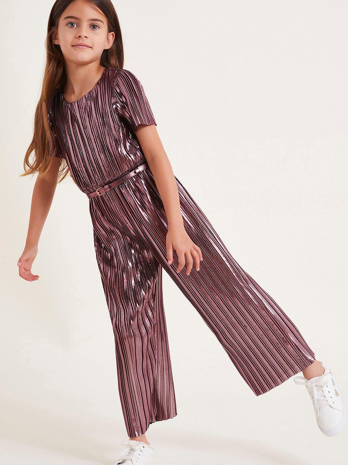 Monsoon Girls Metallic Plisse Belted Jumpsuit Rose Gold Very