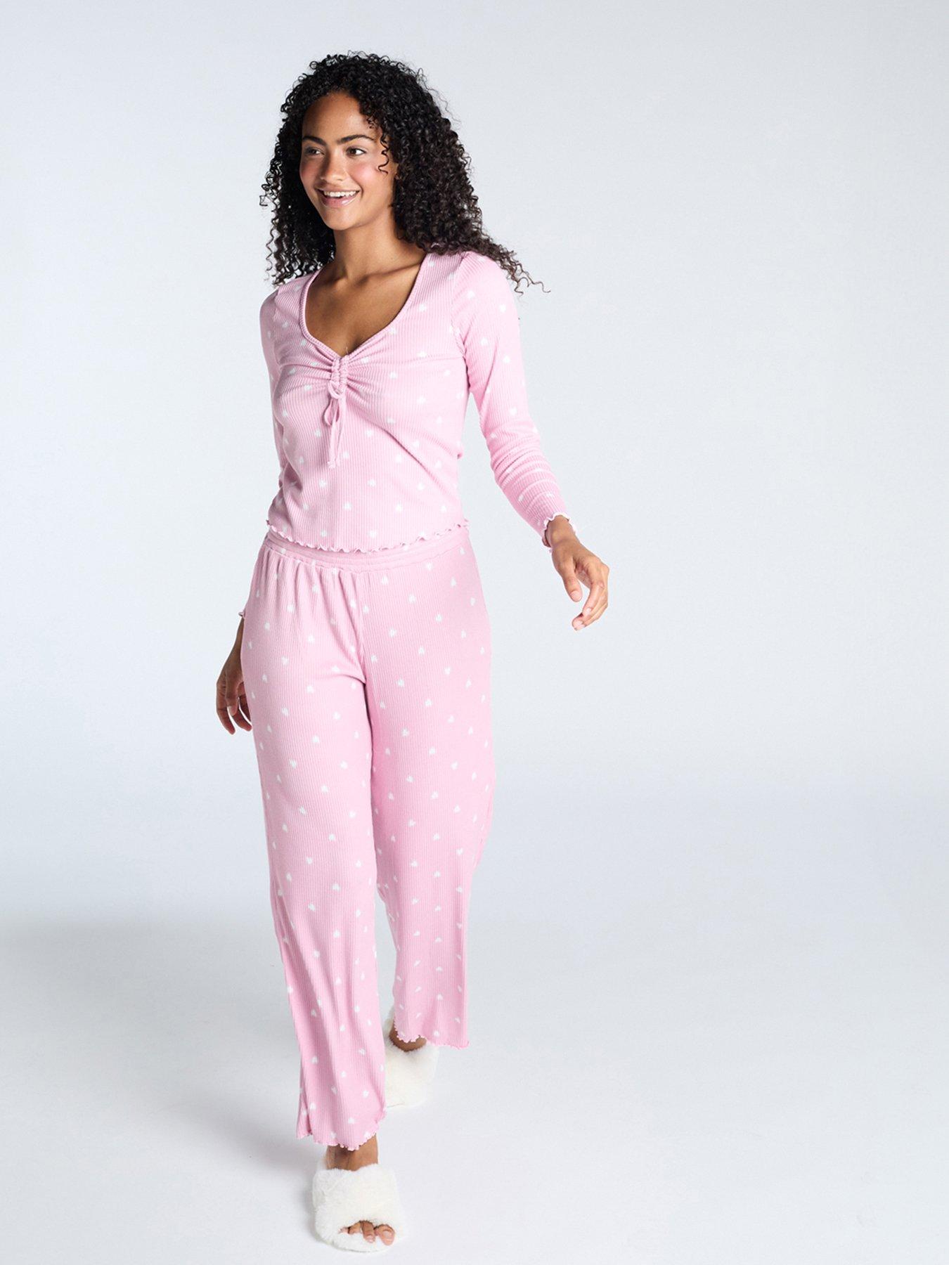 undefined Rib Heart Ruched Long Sleeve Pj Top  &  Pant Set - Dusky Pink