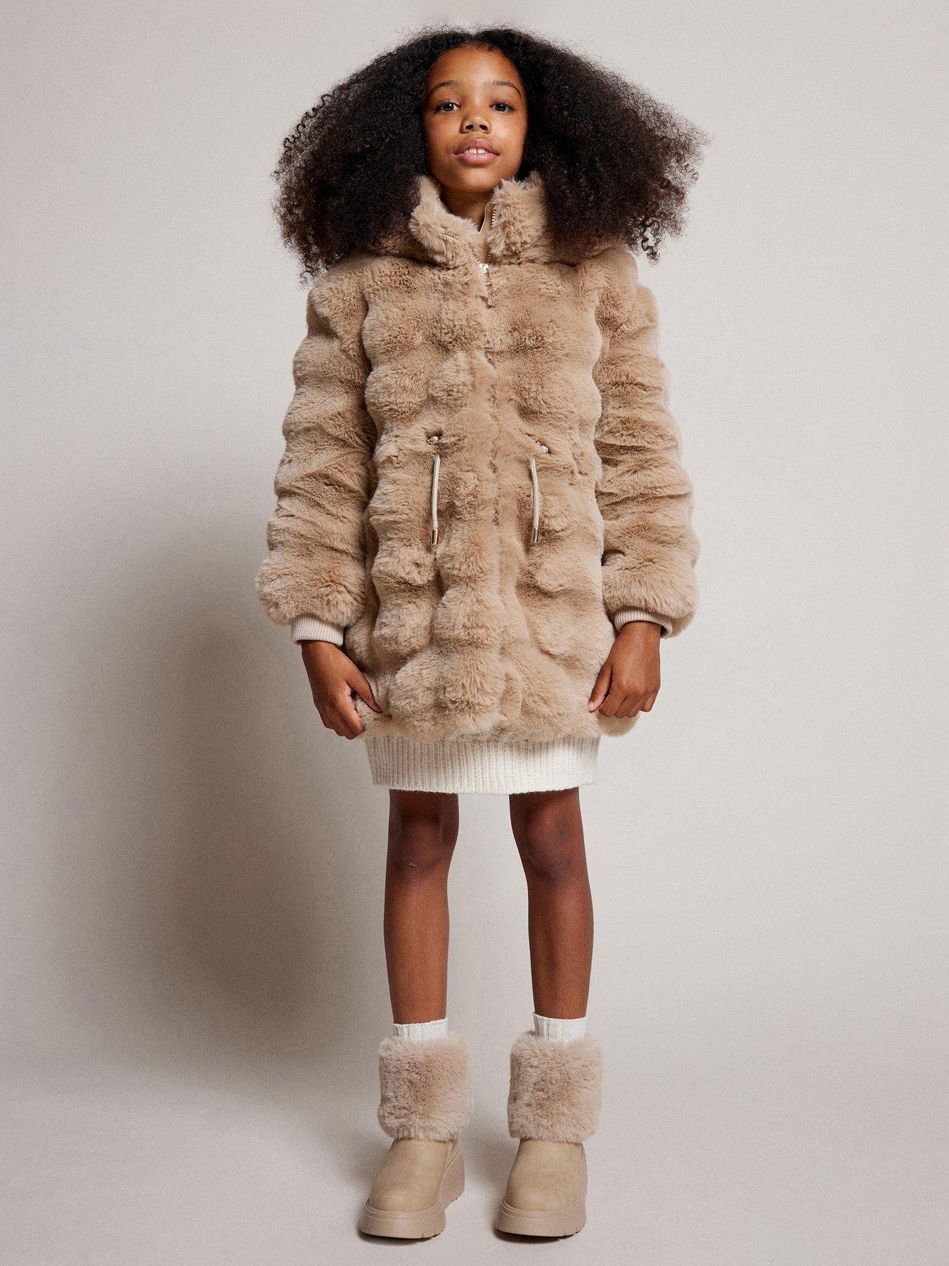 Older Girl Faux Fur Hooded Coat Beige