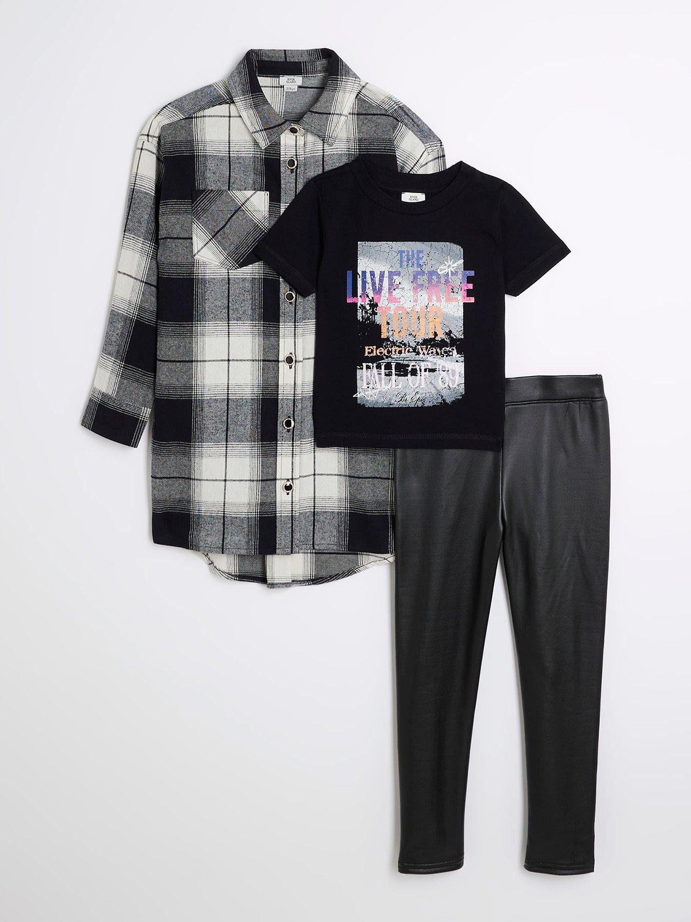 undefined Girls Check Shirt And Pu Leggings Set - Black