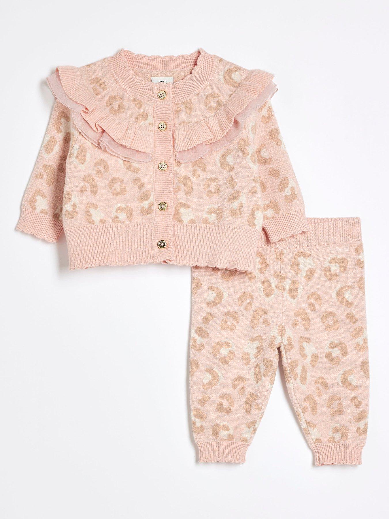 undefined Baby Girls Leopard Frill Cardigan Set - Pink
