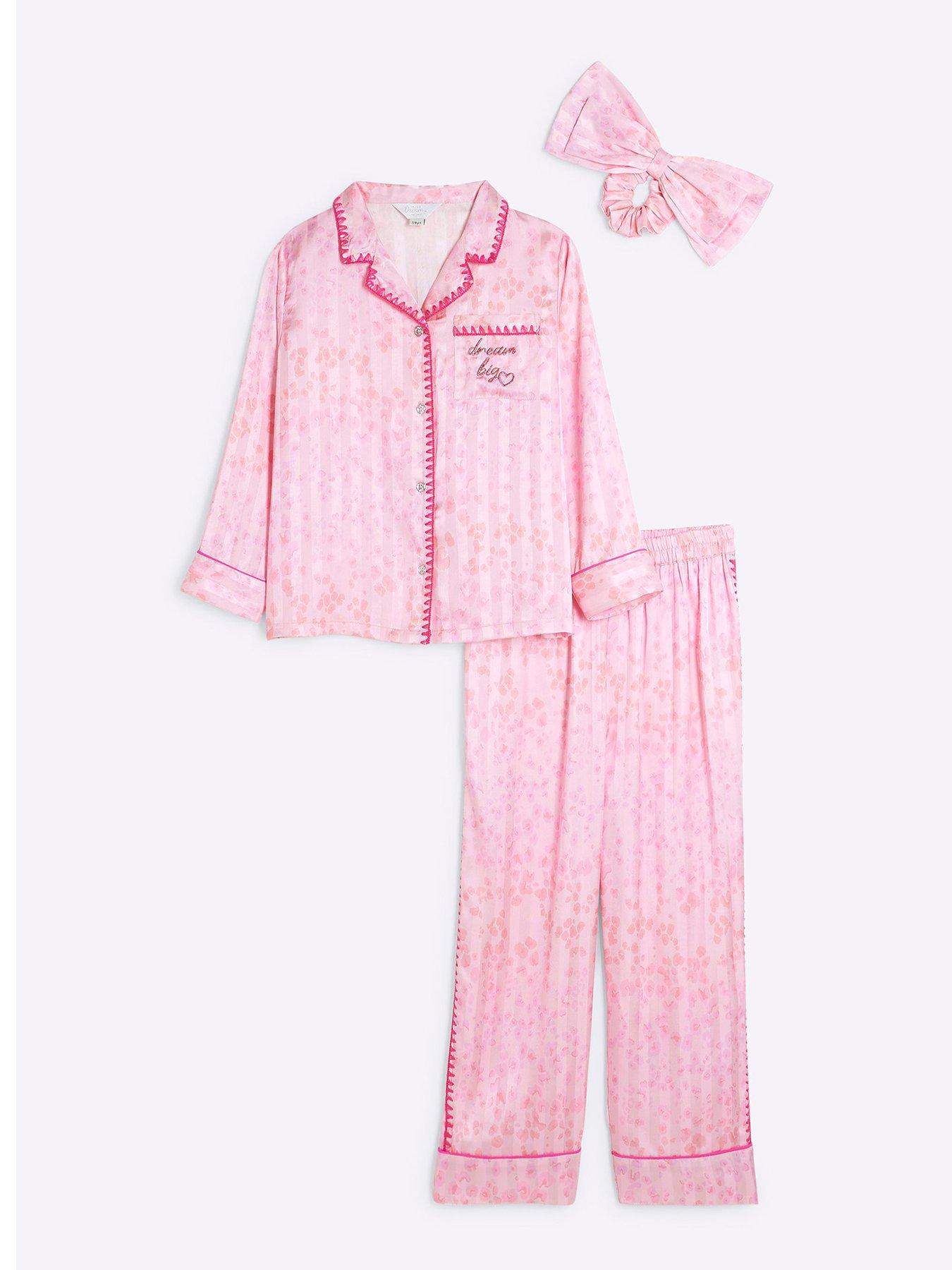 River Island Girls Satin Leopard Pyjamas Set Pink Very