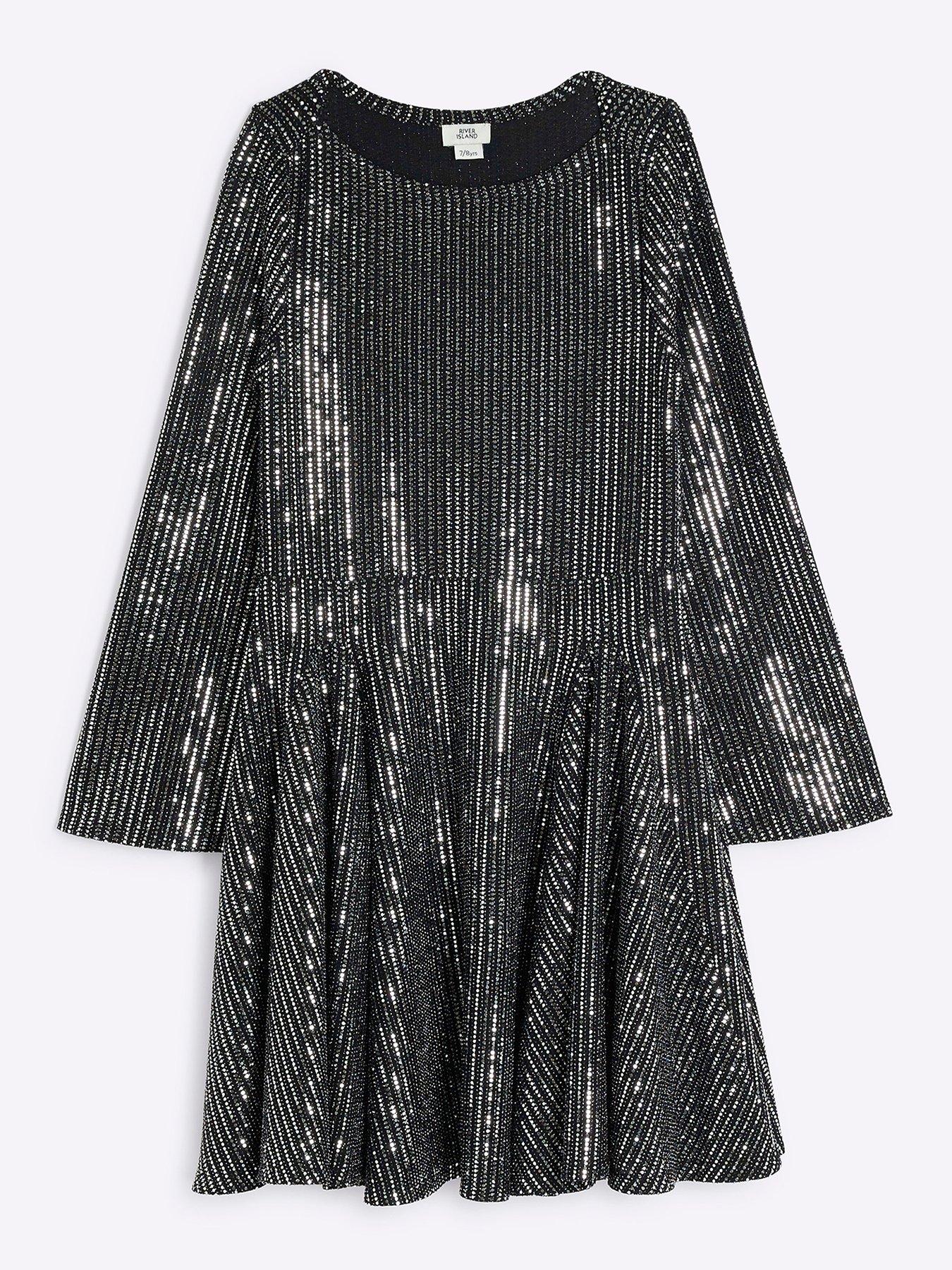 undefined Sequin Long Sleeve Godet Dress - Black