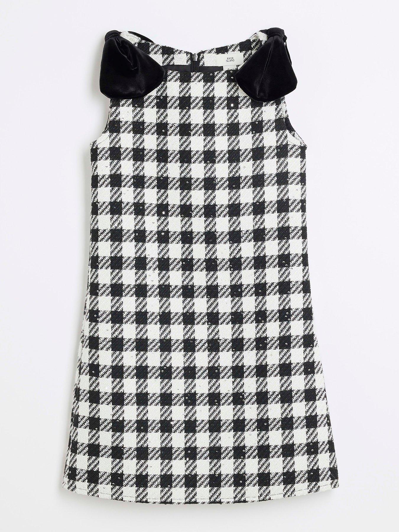 Image 1 of 4 of River Island Older Girl Boucle Sequin Bow Shift Dress - Black