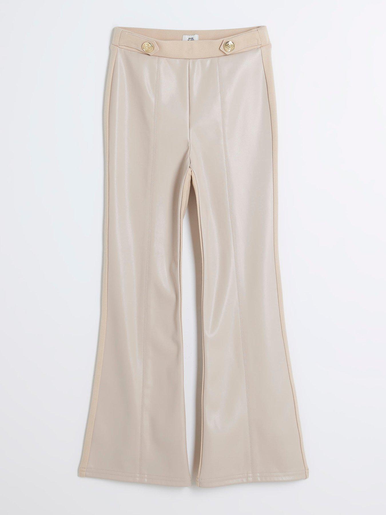 undefined Girls Faux Leather Kickflare Trousers - Beige