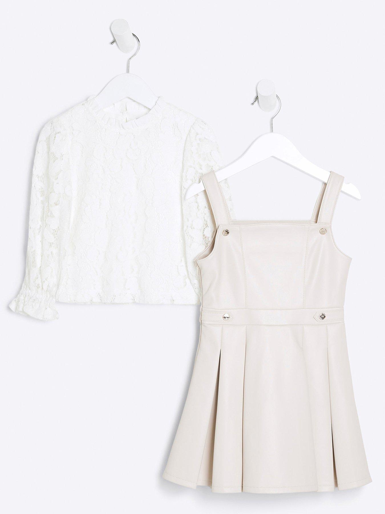 undefined Faux Leather Pinny Dress Set - Cream