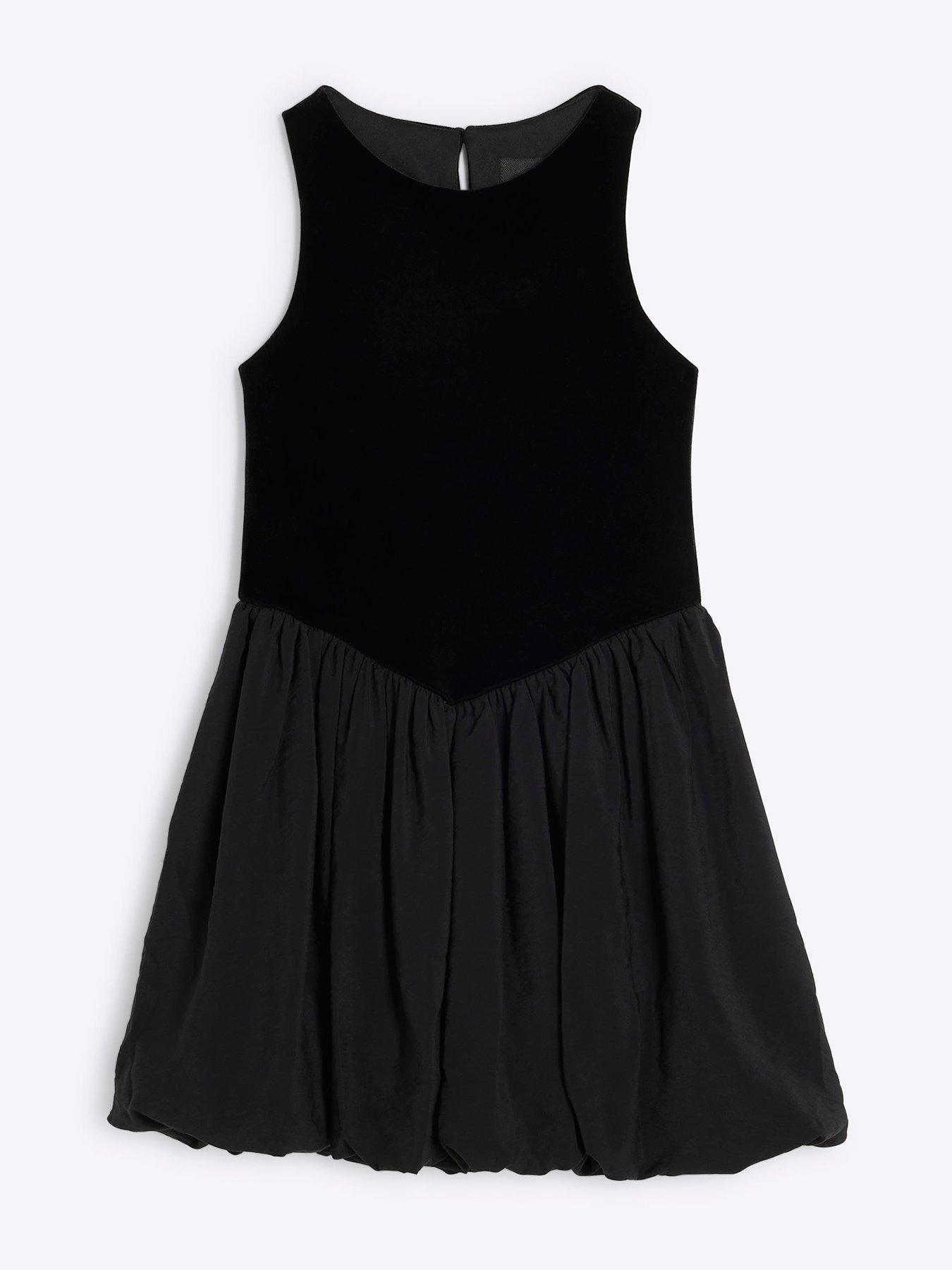 Image 1 of 4 of River Island Girls Velour Bubble Hem Dress - Black