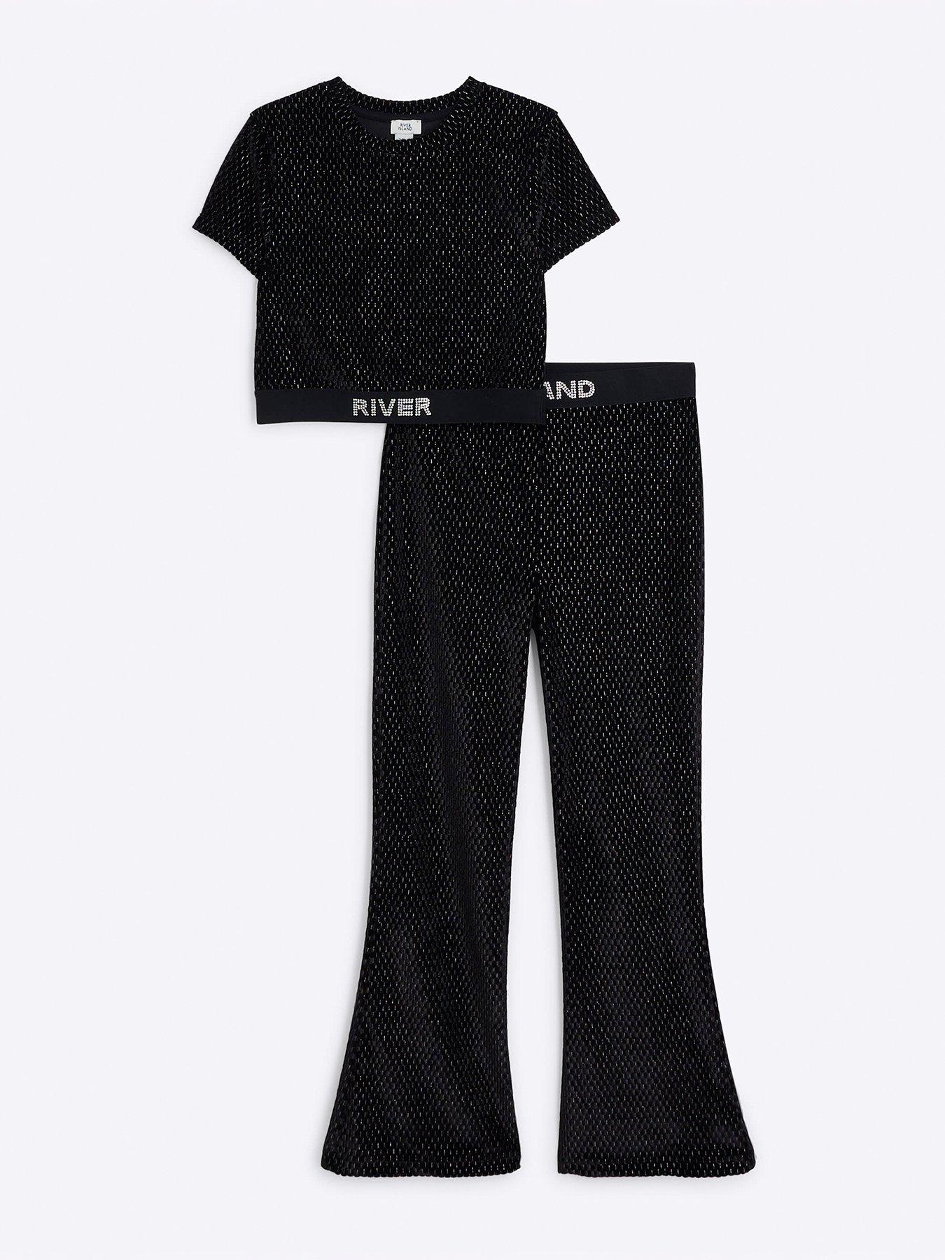 River Island Older Girl Velvet Top And Leggings Flare Set - Black