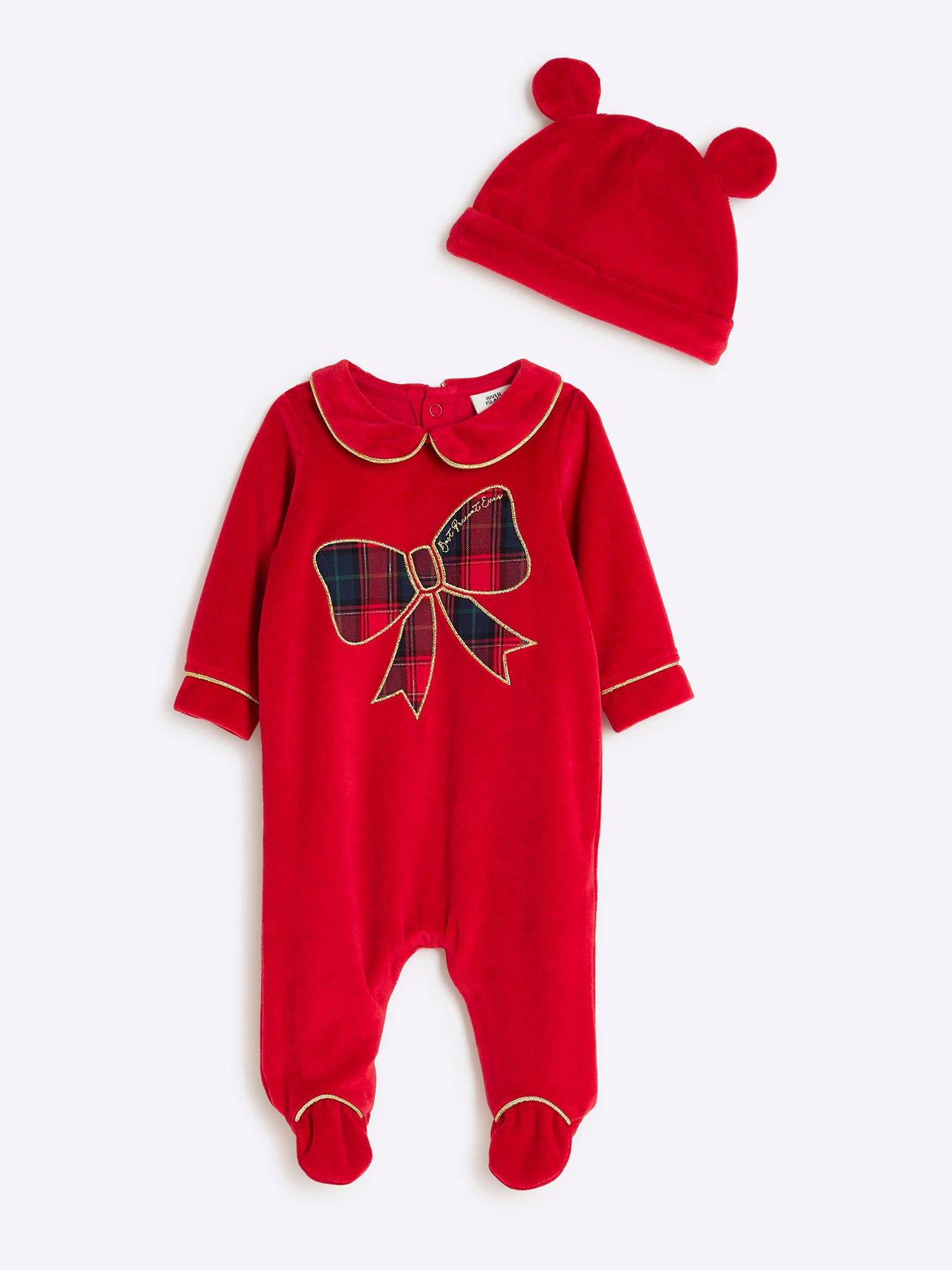 undefined Baby Girls Christmas Bow Collared Sleepsuit Set - - Red