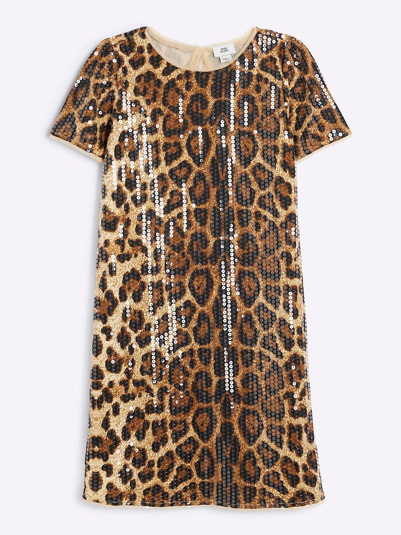 River Island Older Girl Leopard Sequin T-Shirt Dress Brown Very