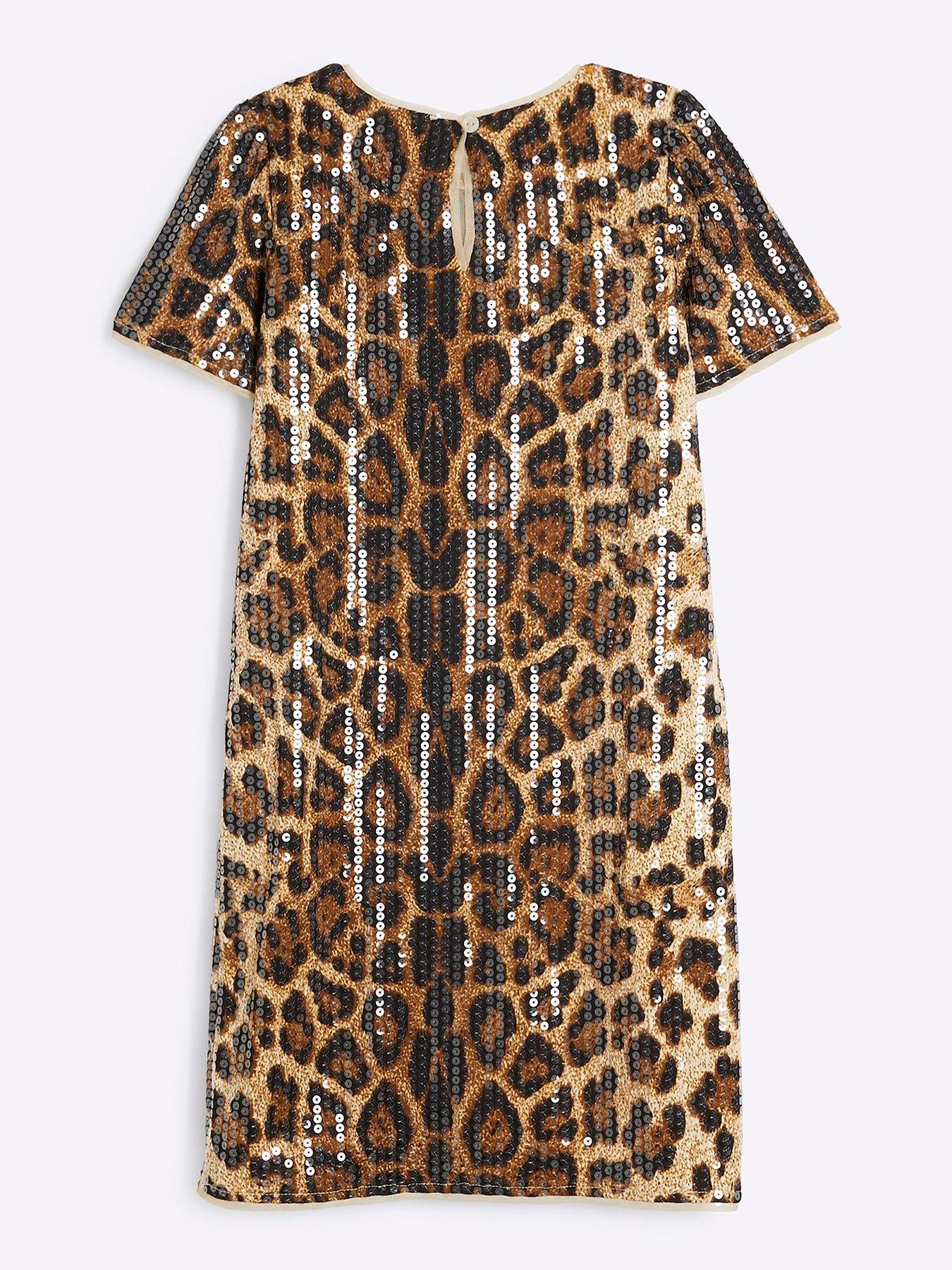 River Island Older Girl Leopard Sequin T-Shirt Dress - Brown | Very