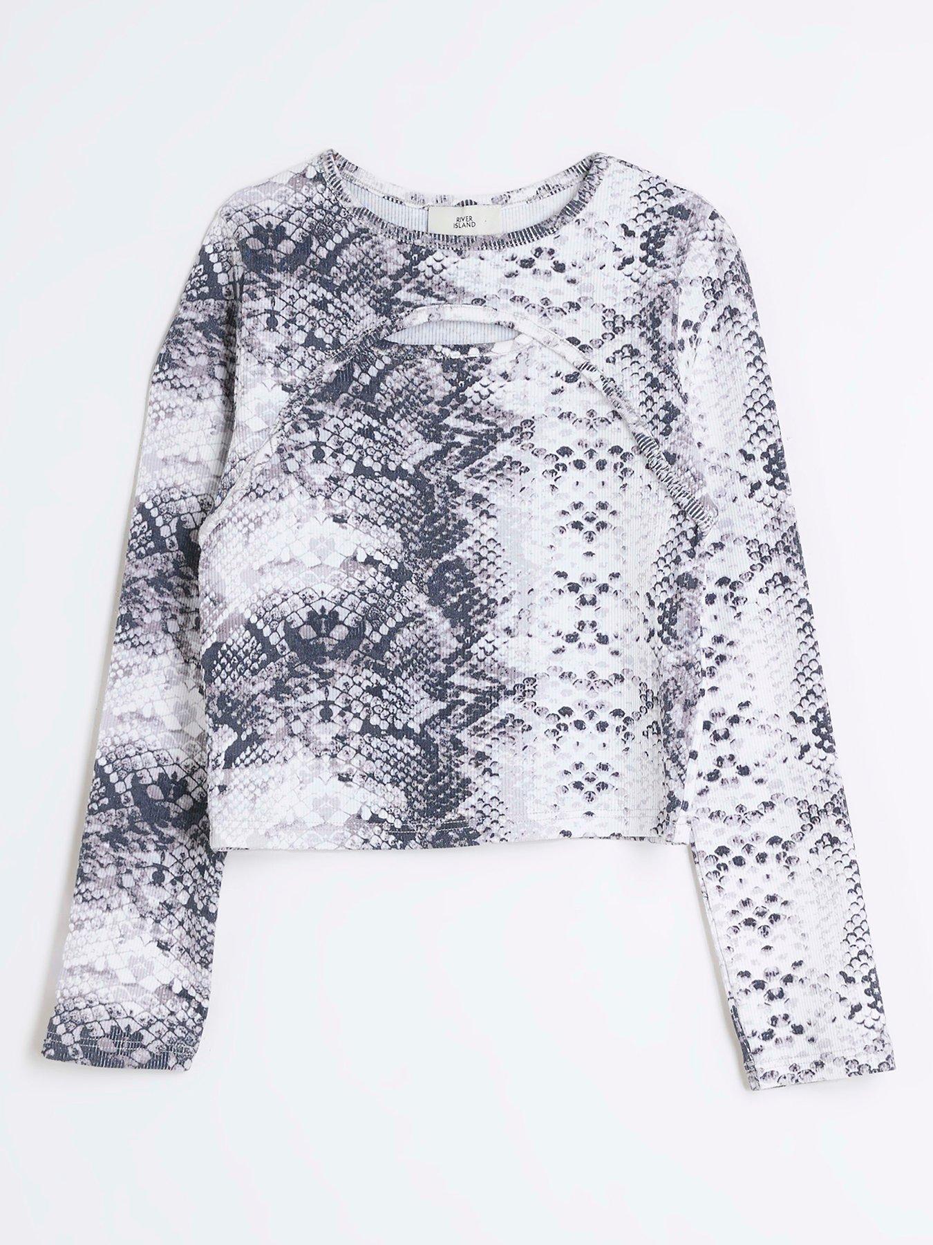 undefined Girls Long Sleeve Ribbed Snake Print T-shirt - Grey