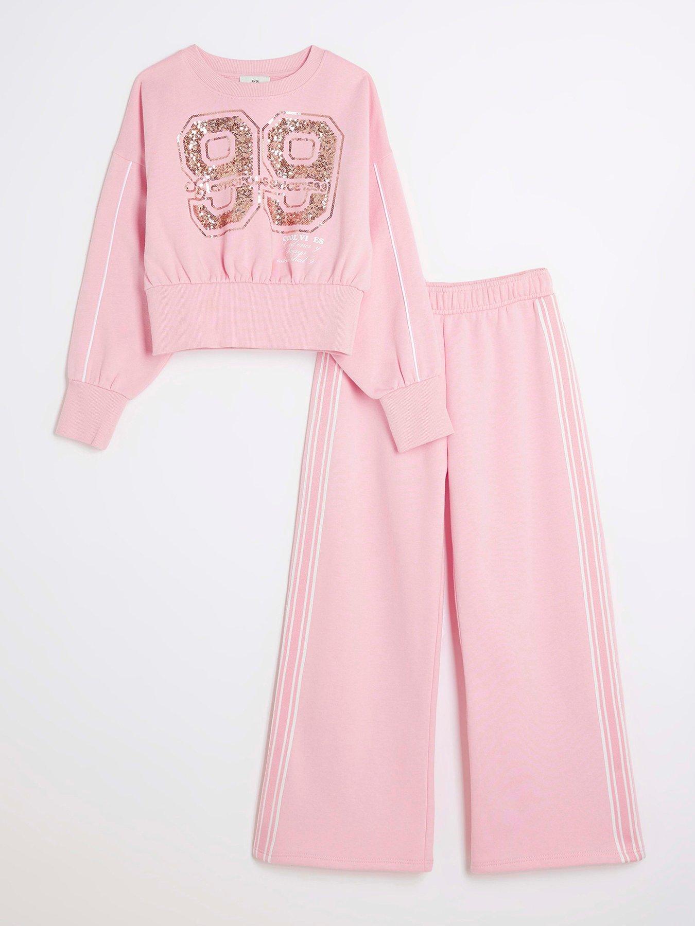 Girls Sequin Taped Sweatshirt Set Pink