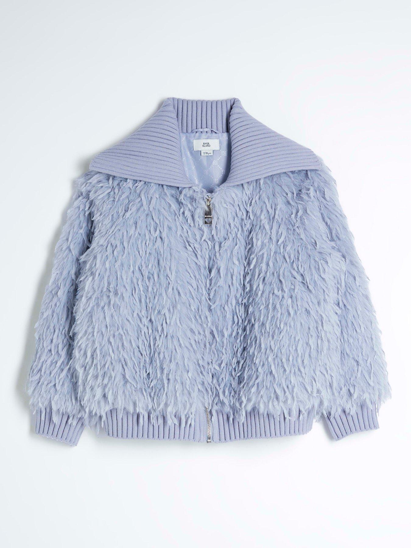 Image 2 of 5 of River Island Girls Shaggy Faux Fur Bomber Jacket - Blue