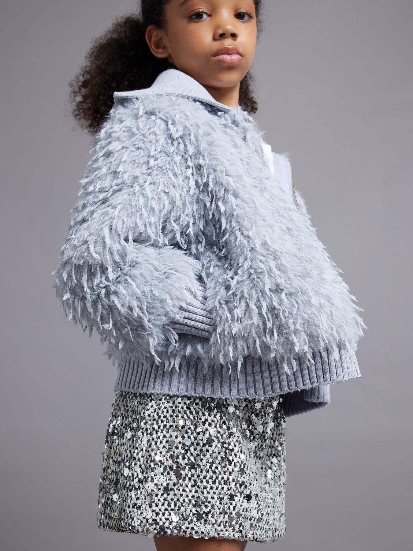 Image 5 of 5 of River Island Girls Shaggy Faux Fur Bomber Jacket - Blue