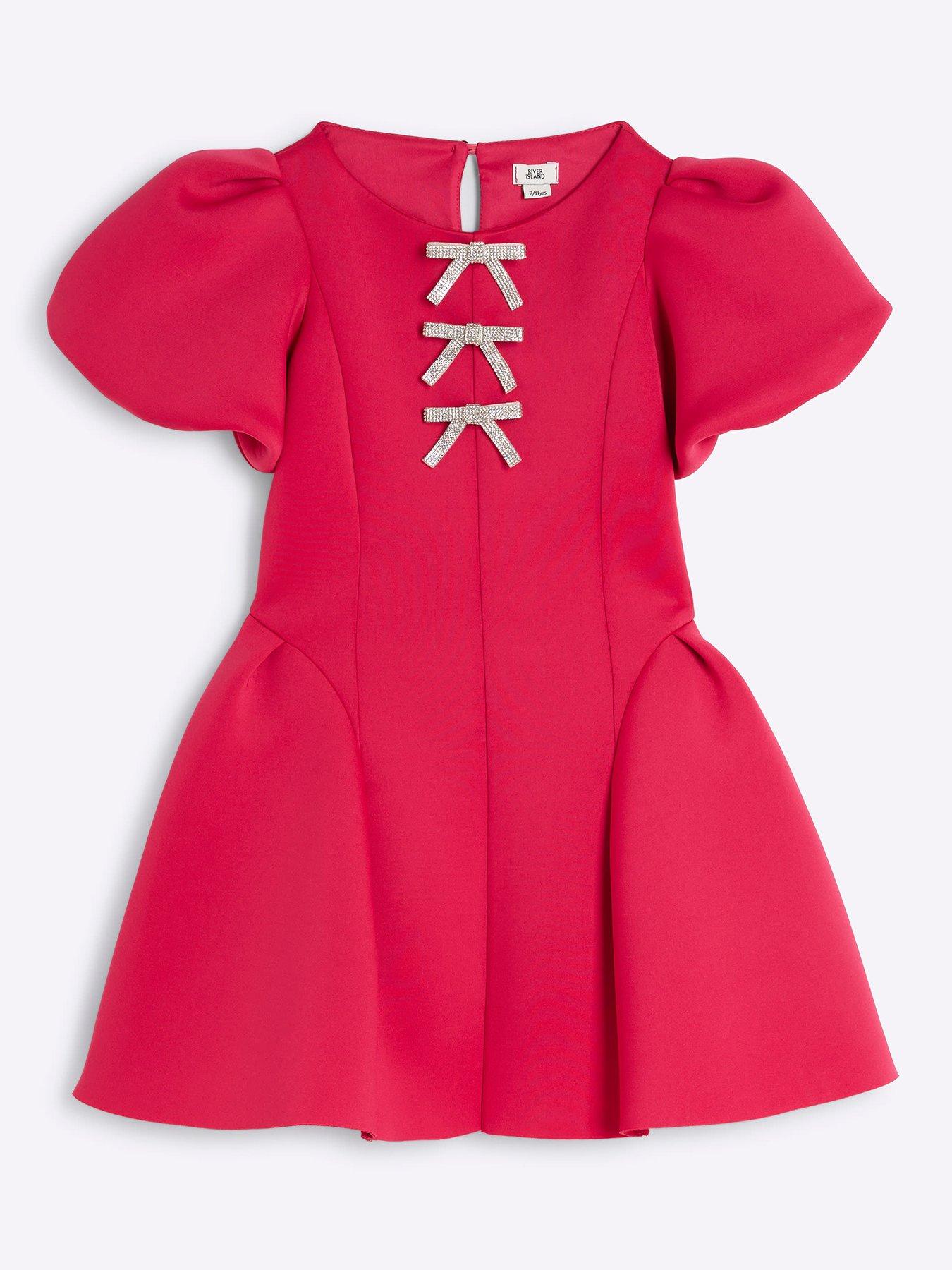 undefined Girls Scuba Bow Puff Sleeve Skater Dress - Pink