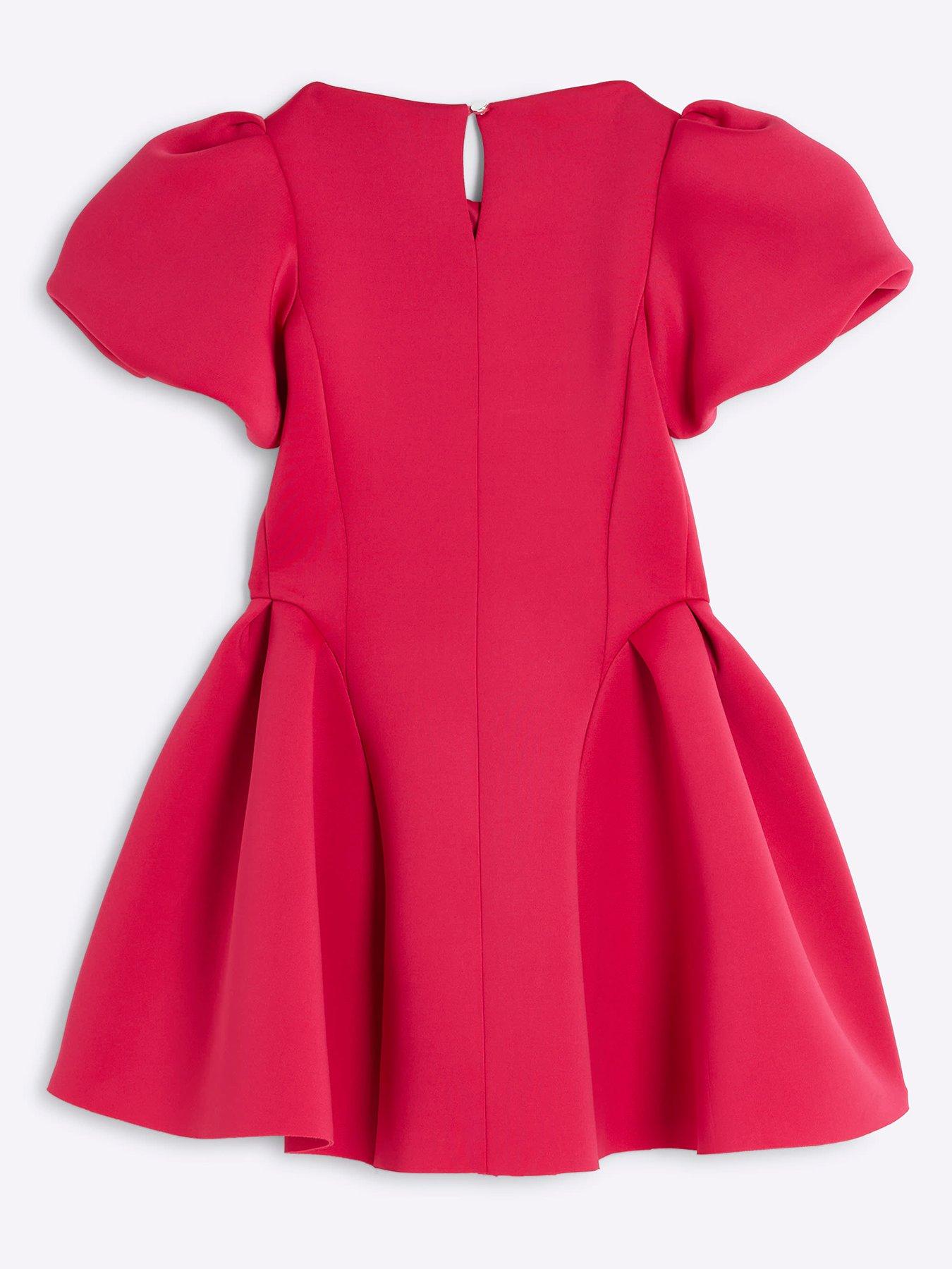 Image 2 of 4 of River Island Girls Scuba Bow Puff Sleeve Skater Dress - Pink