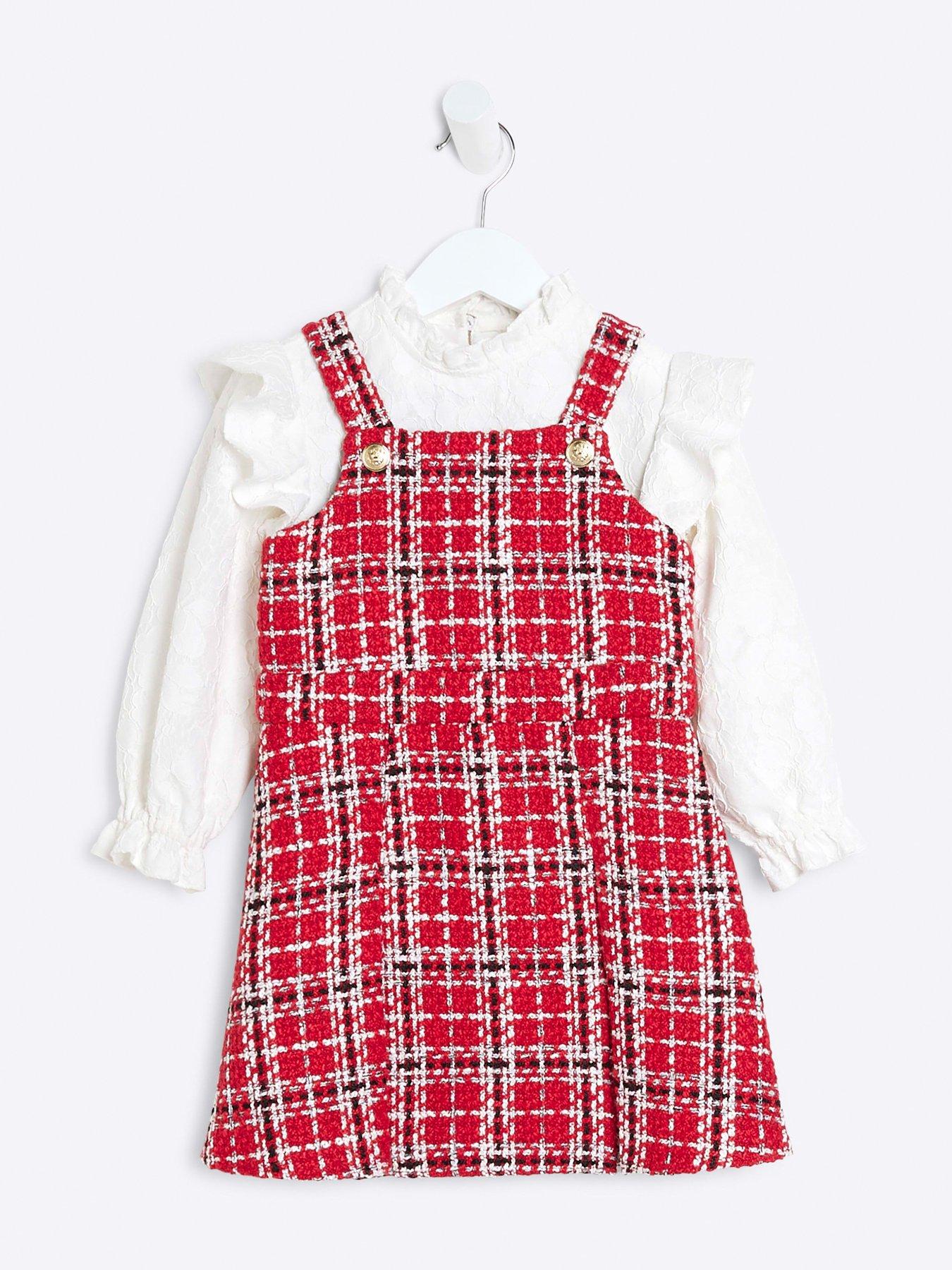 River Island Mini Mini Girl Boucle Lace Pinafore Dress Set Red