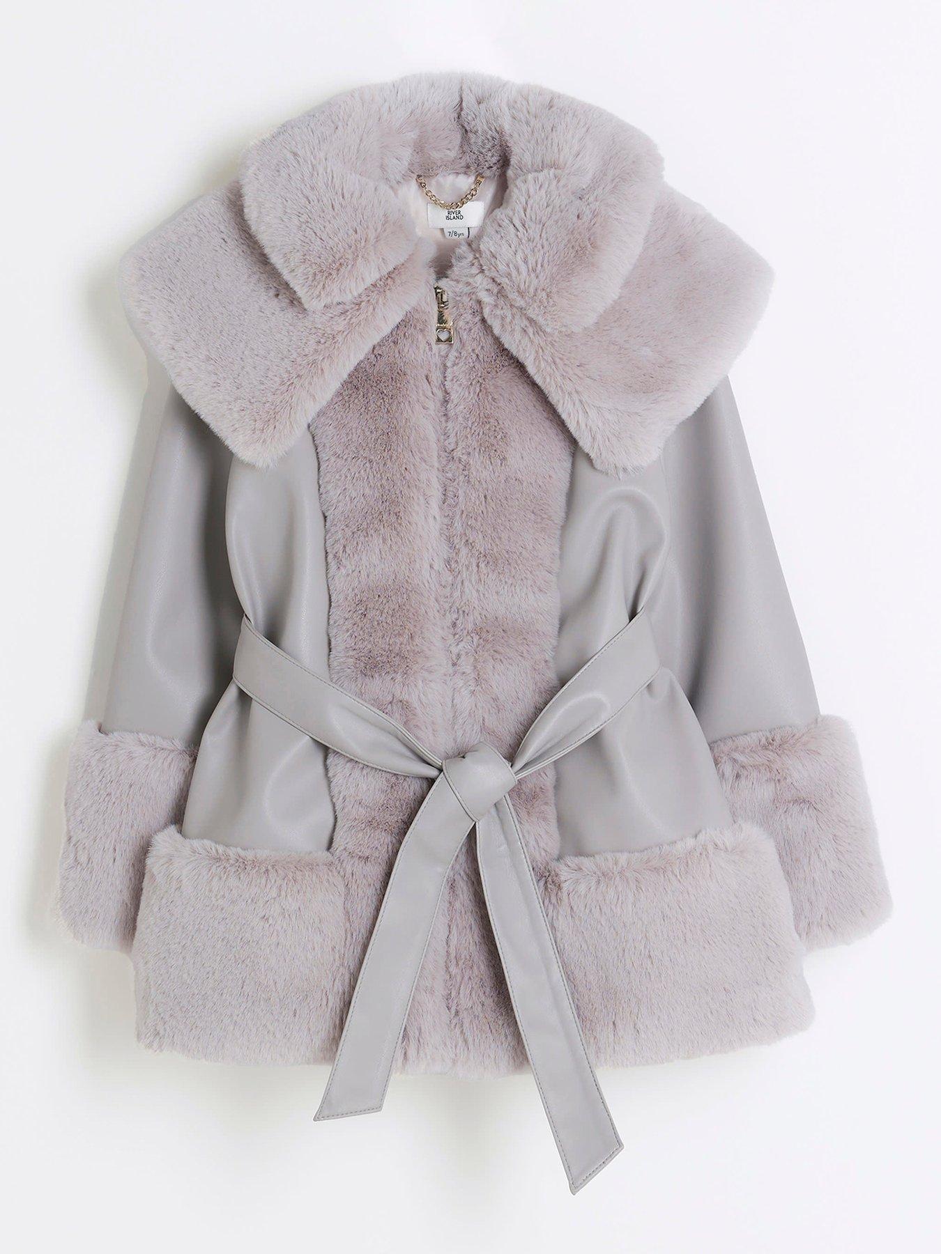 Older Girl Faux Fur Belted Coat Grey