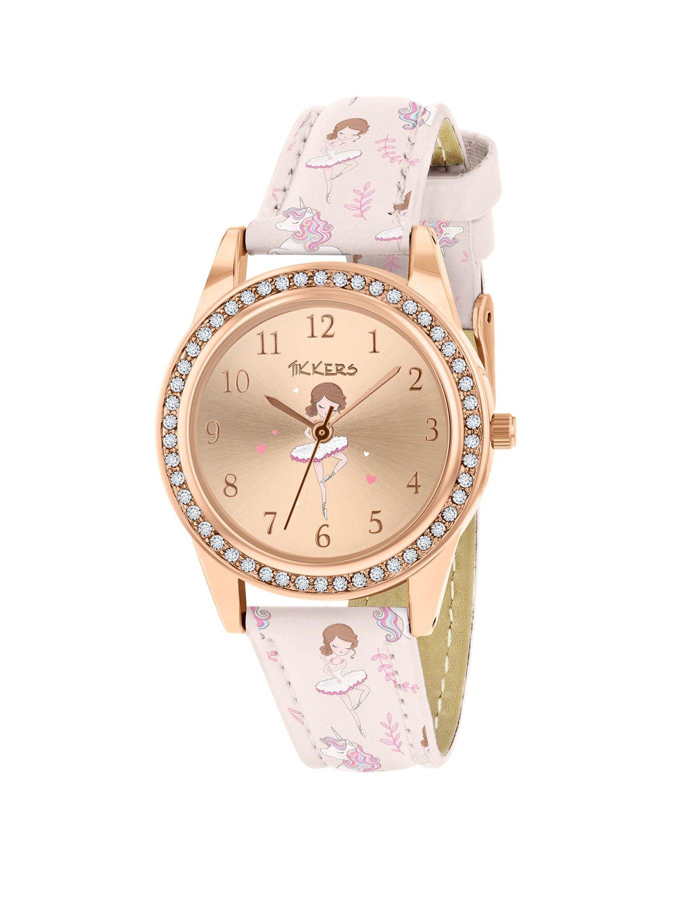 Product photograph of Tikkers Pink Strap Rose Gold Stone Set Ballet Dancer Watch from very.co.uk