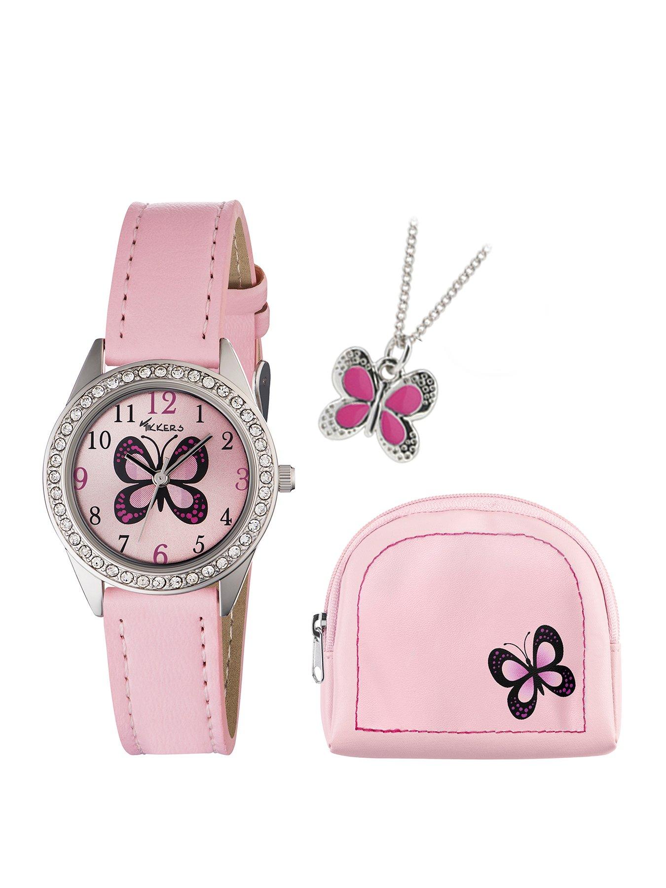 Product photograph of Tikkers Girls Pink Pu Strap Butterfly Dial Watch from very.co.uk