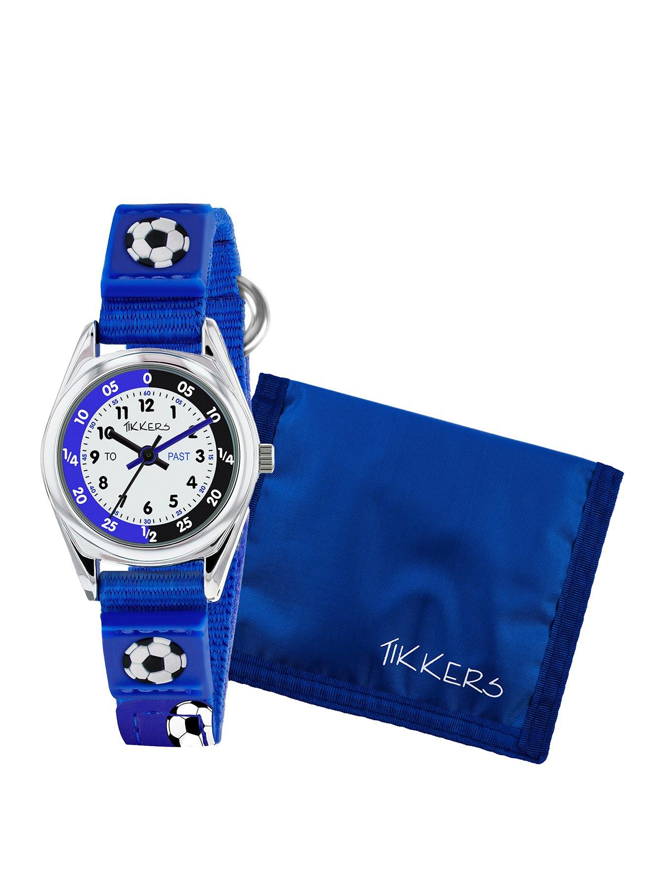 Product photograph of Tikkers Kids Blue Football Time Teacher Watch And Wallet Set from very.co.uk