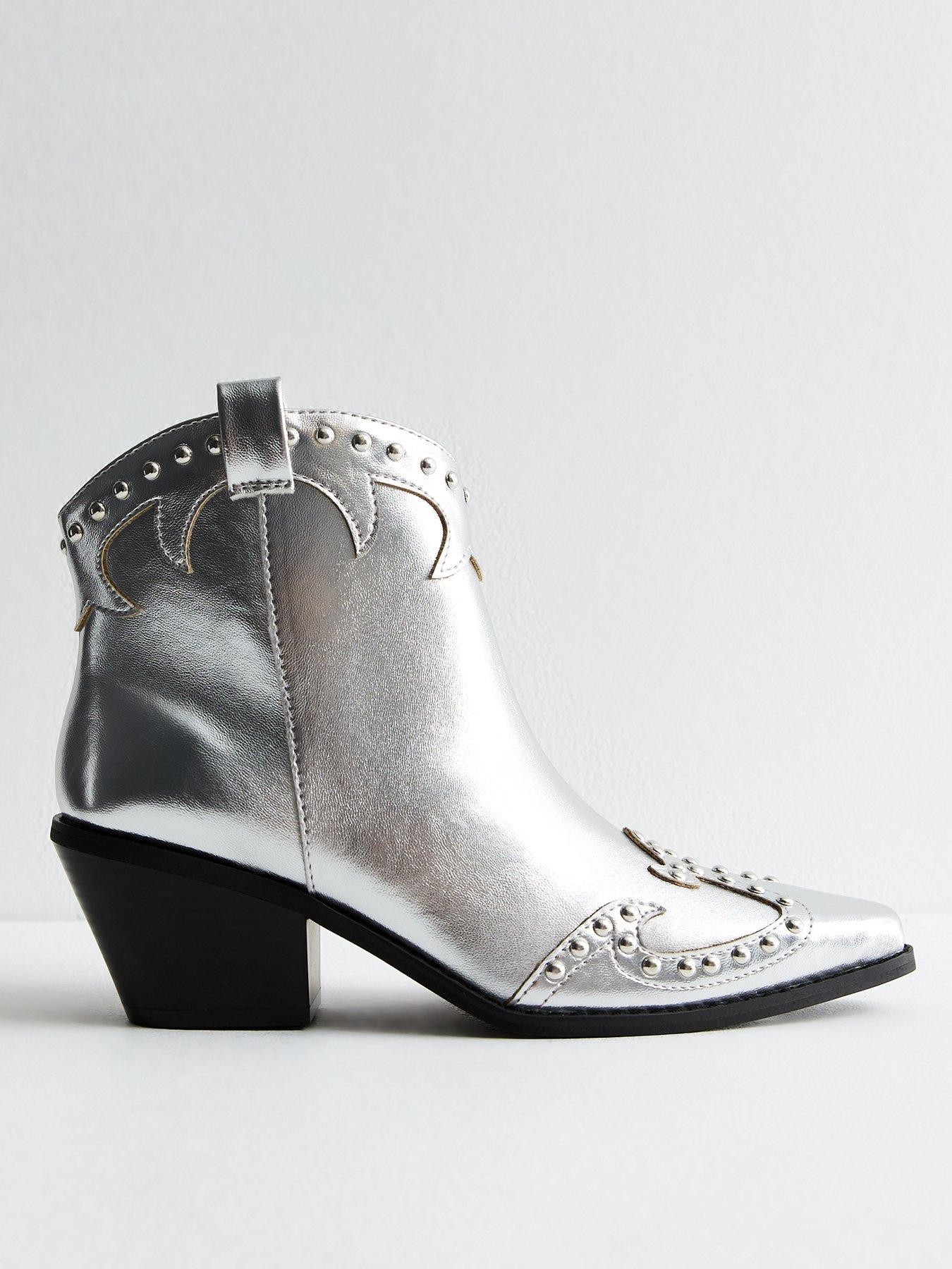 Faux Leather Studded Cowboy Boots Silver