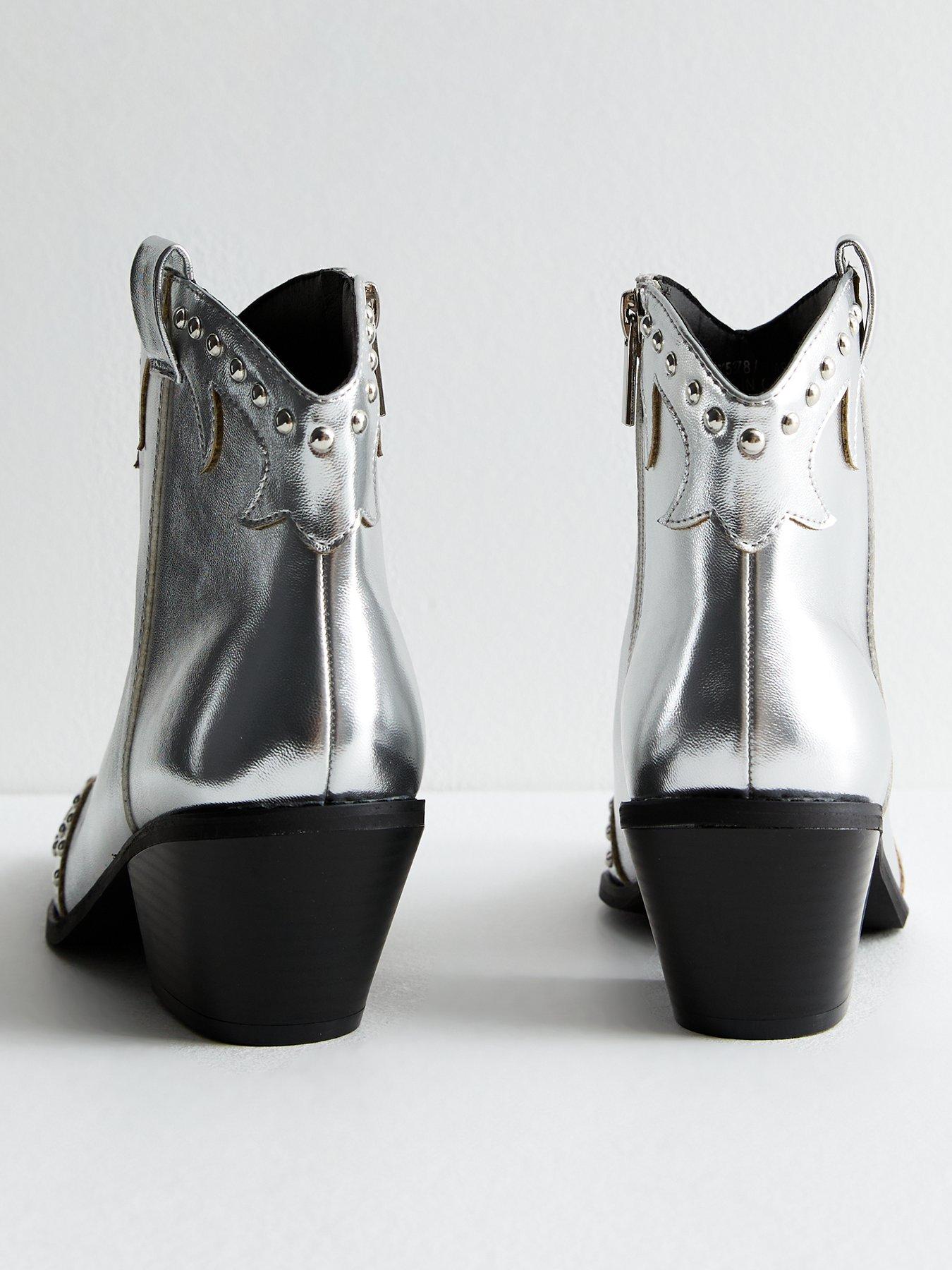 Faux Leather Studded Cowboy Boots Silver