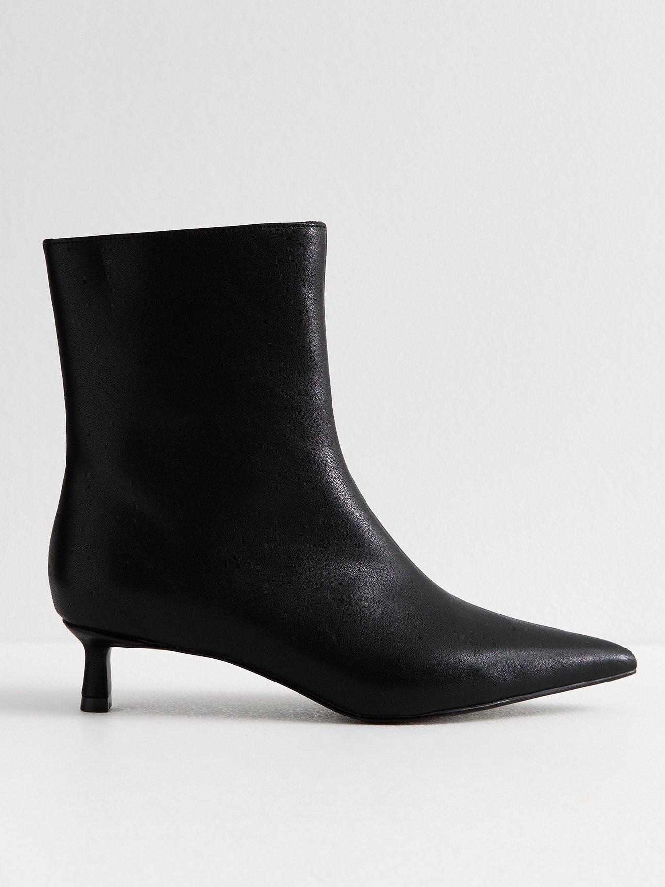 undefined Faux Leather Pointed Kitten Heel Ankle Boots - Black