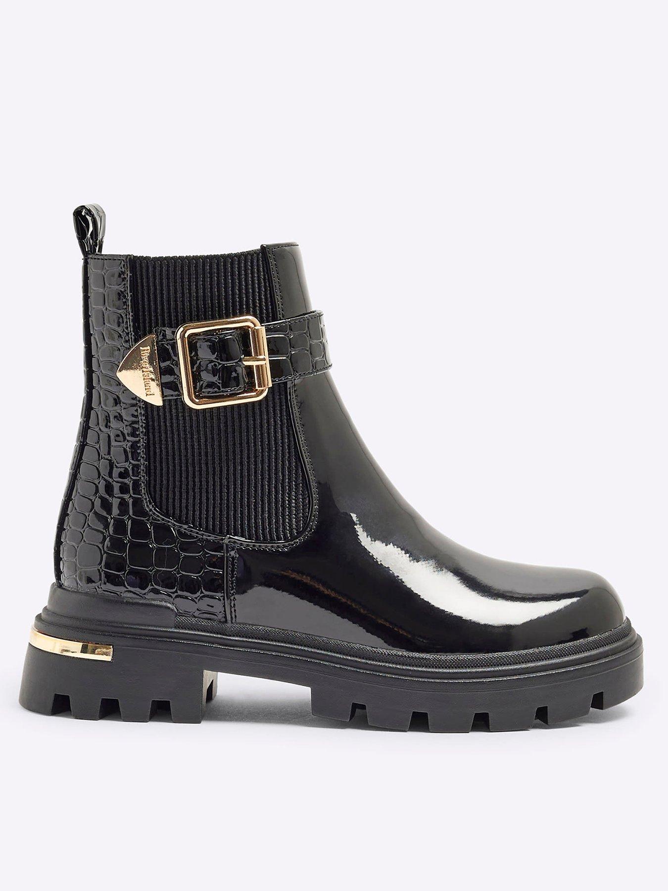 Girls Patent Croc Buckle Chelsea Boots Black