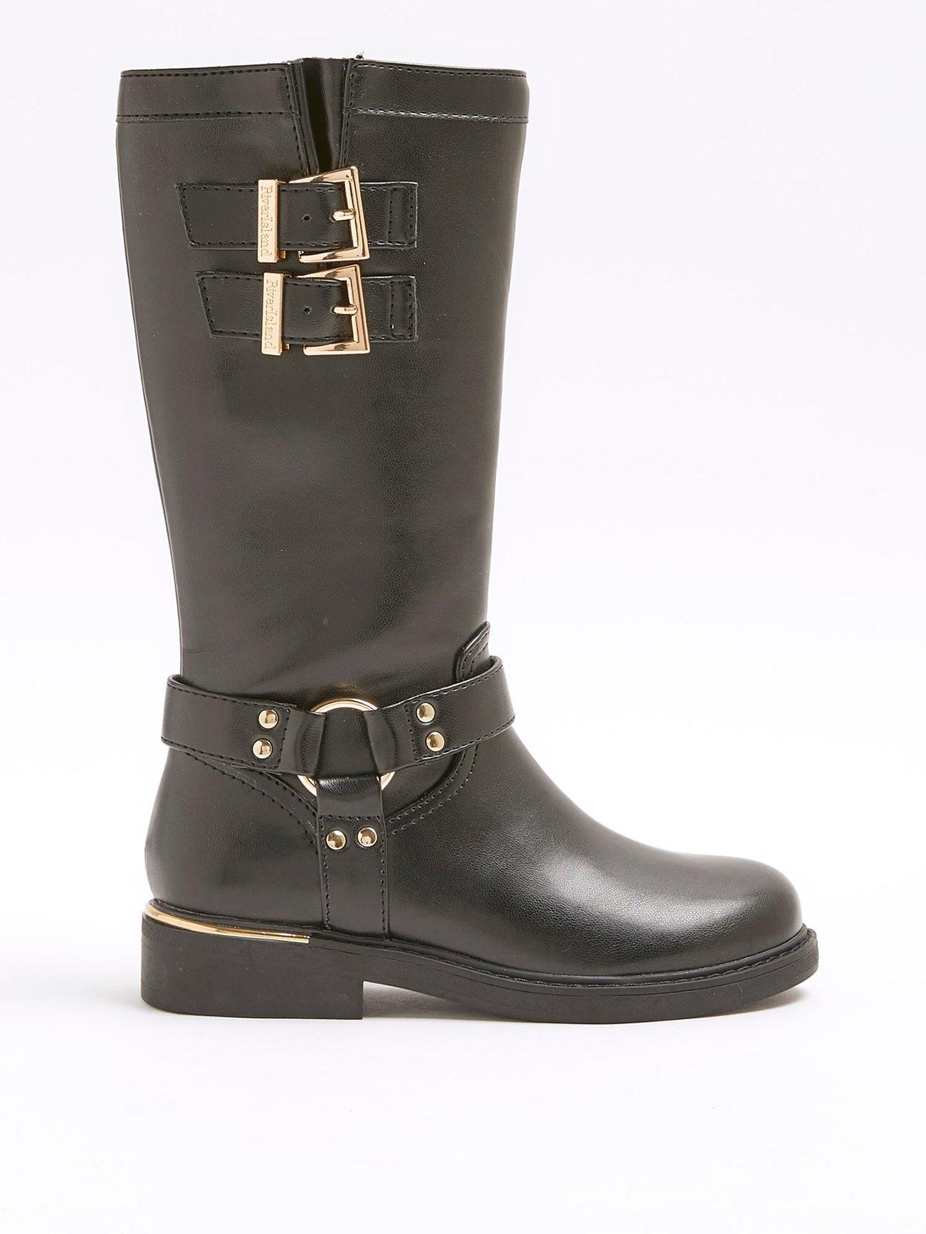 Older Girl Faux Leather Buckle Biker Boots Black