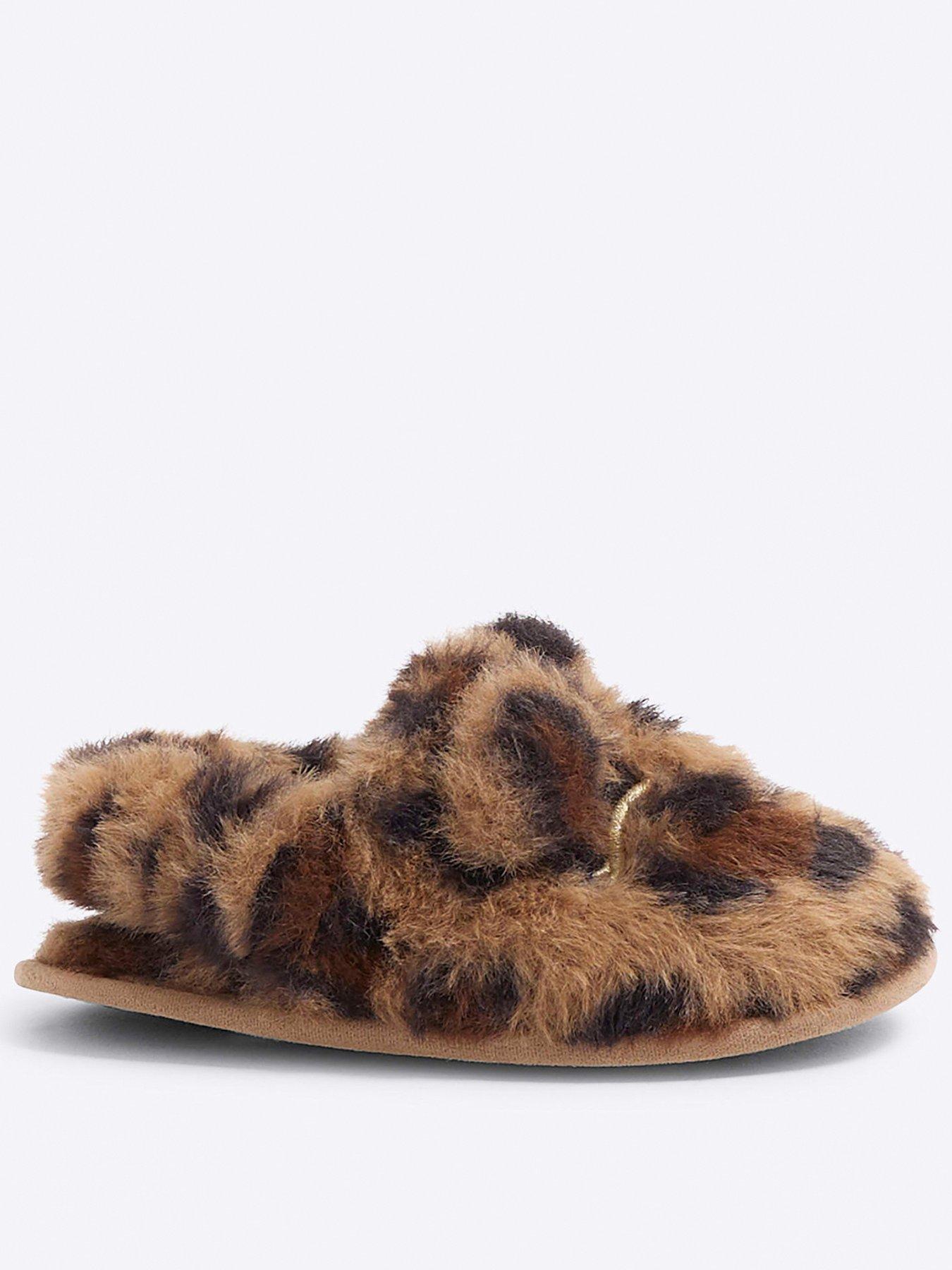 Image 1 of 5 of River Island Mini Faux Fur Leopard Slipper - Brown