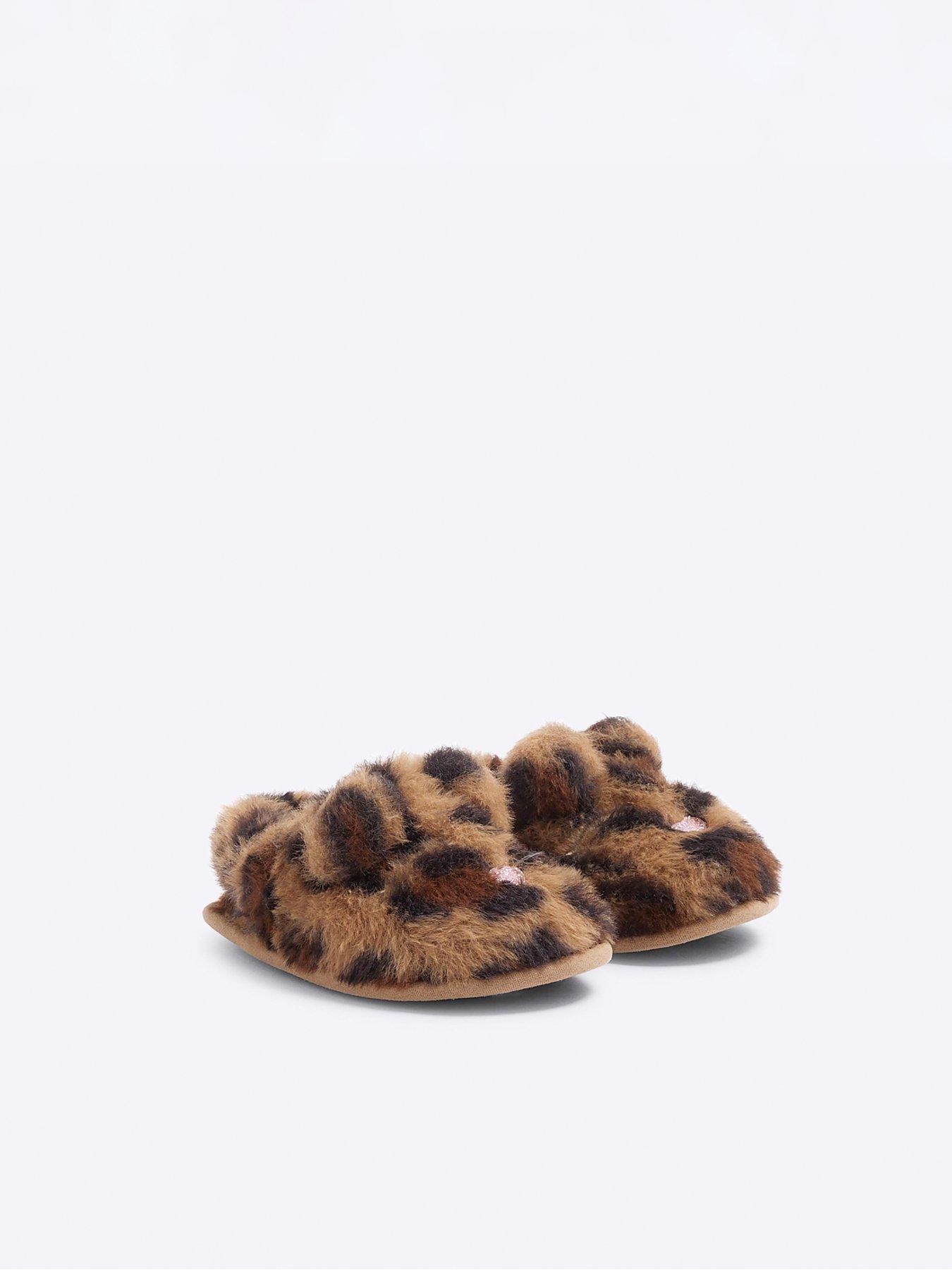 Image 2 of 5 of River Island Mini Faux Fur Leopard Slipper - Brown