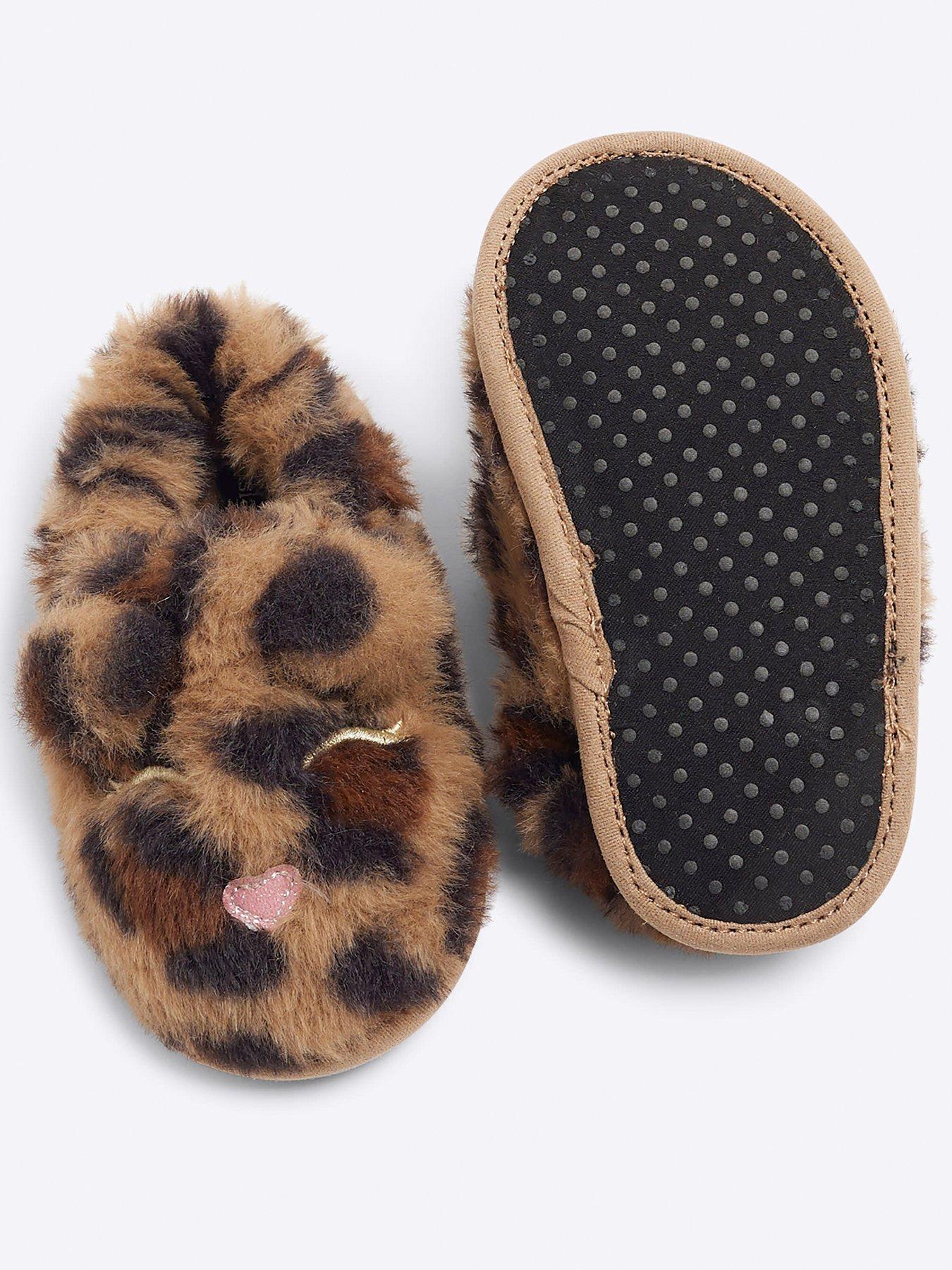 Image 4 of 5 of River Island Mini Faux Fur Leopard Slipper - Brown