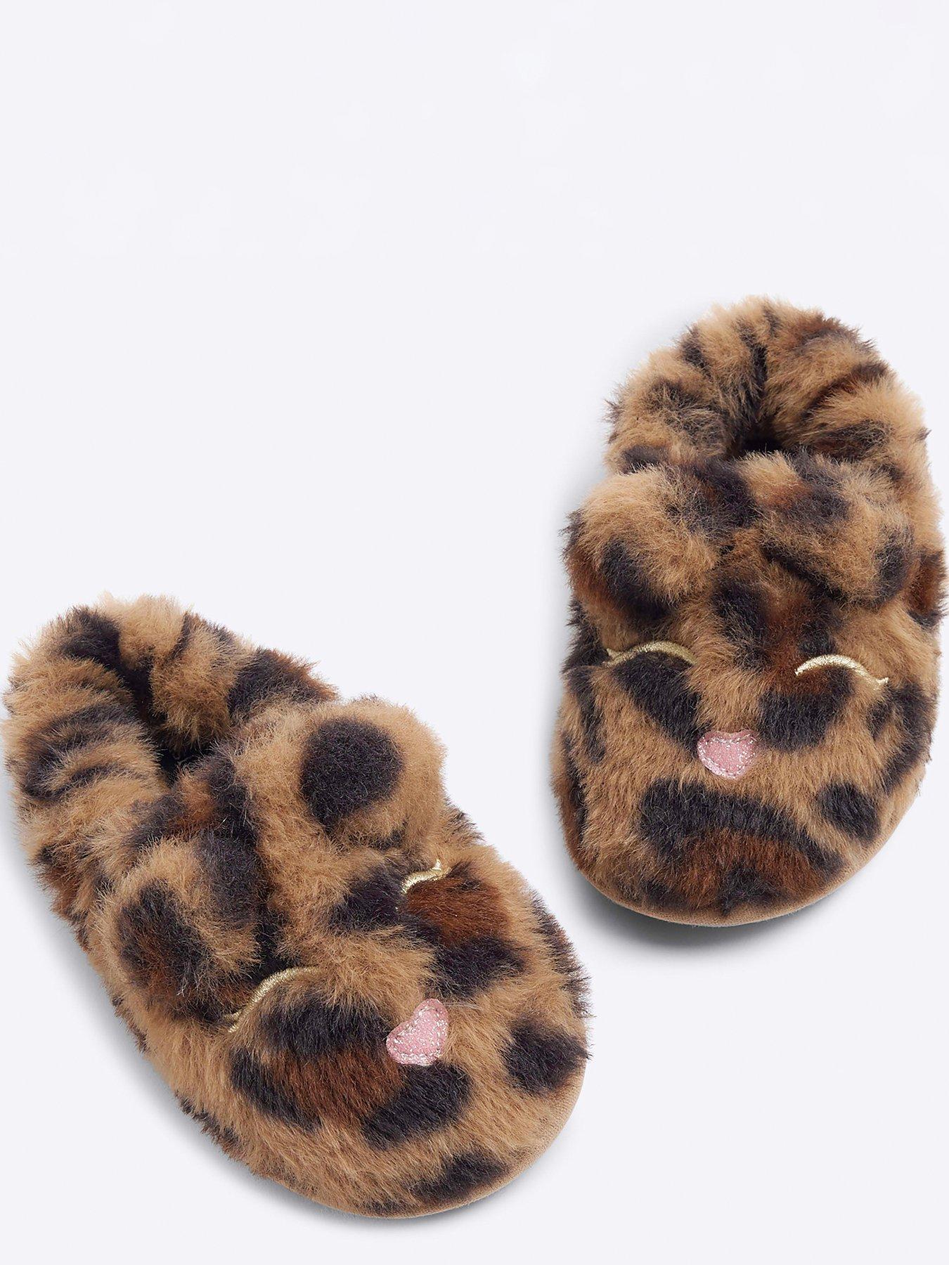 Image 5 of 5 of River Island Mini Faux Fur Leopard Slipper - Brown