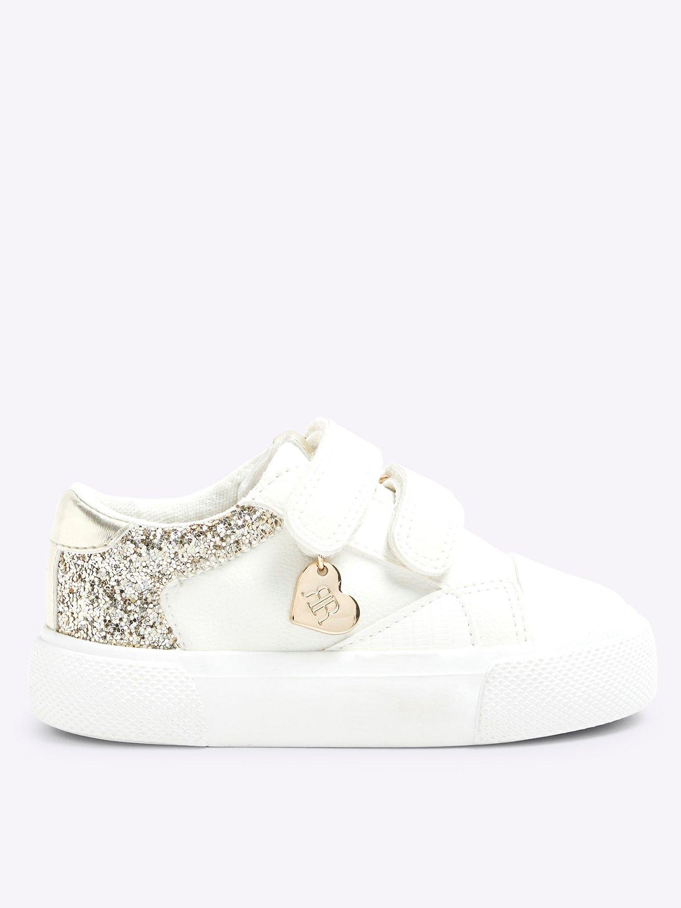 River Island Mini Mini Girls Velcro Glitter Trainers - White, White, Size 6 Younger