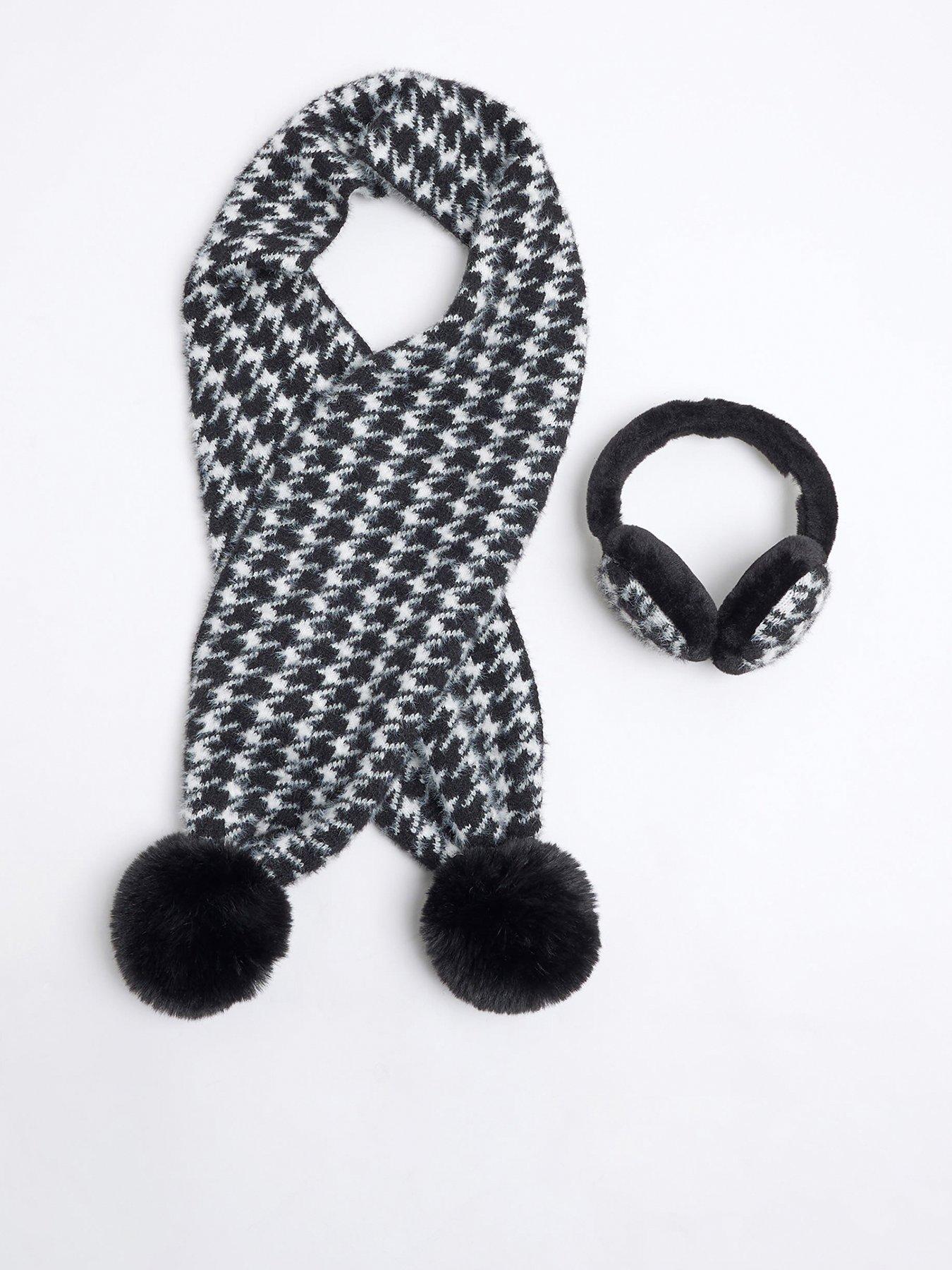 Image 1 of 3 of River Island Dogtooth Earmuff And Scarf Set - White