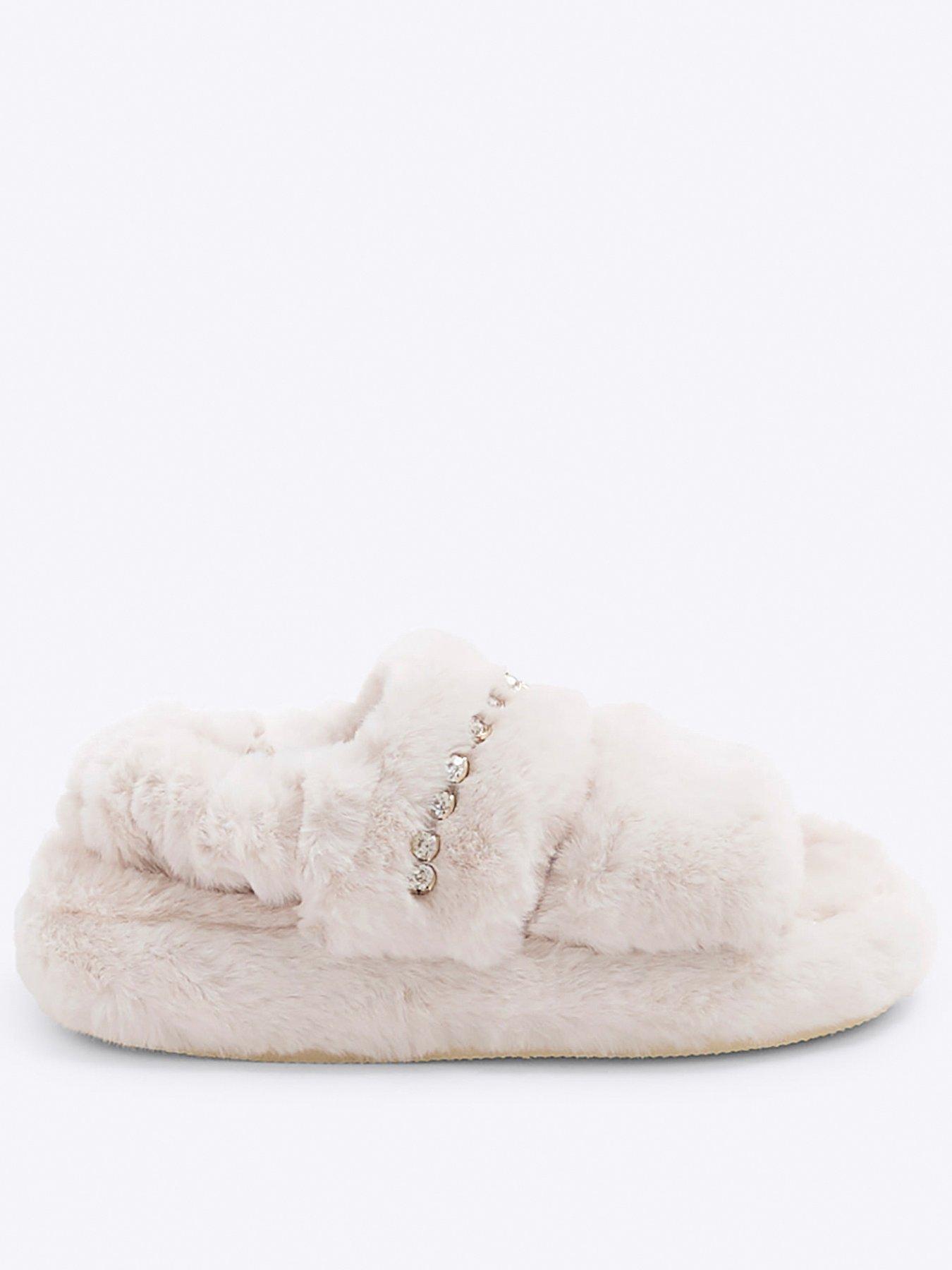 Girls Faux Fur Open Toe Slipper Cream
