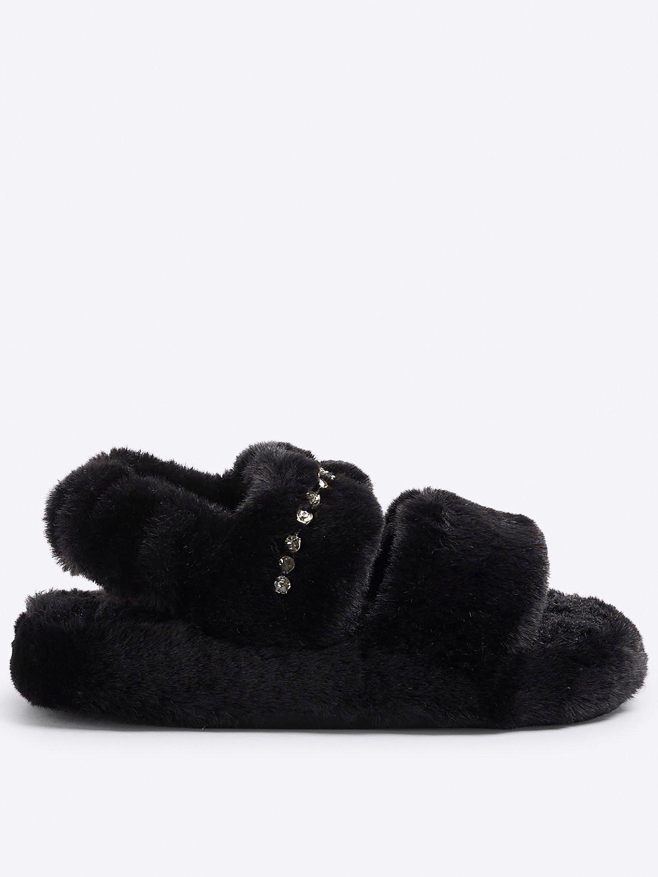Girls Faux Fur Open Toe Slippers Black
