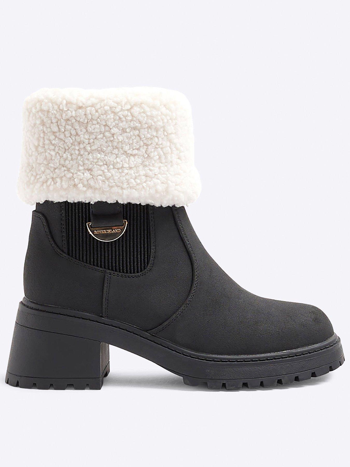 Image 1 of 5 of River Island Shearling Cuff Heeled Boots - Black