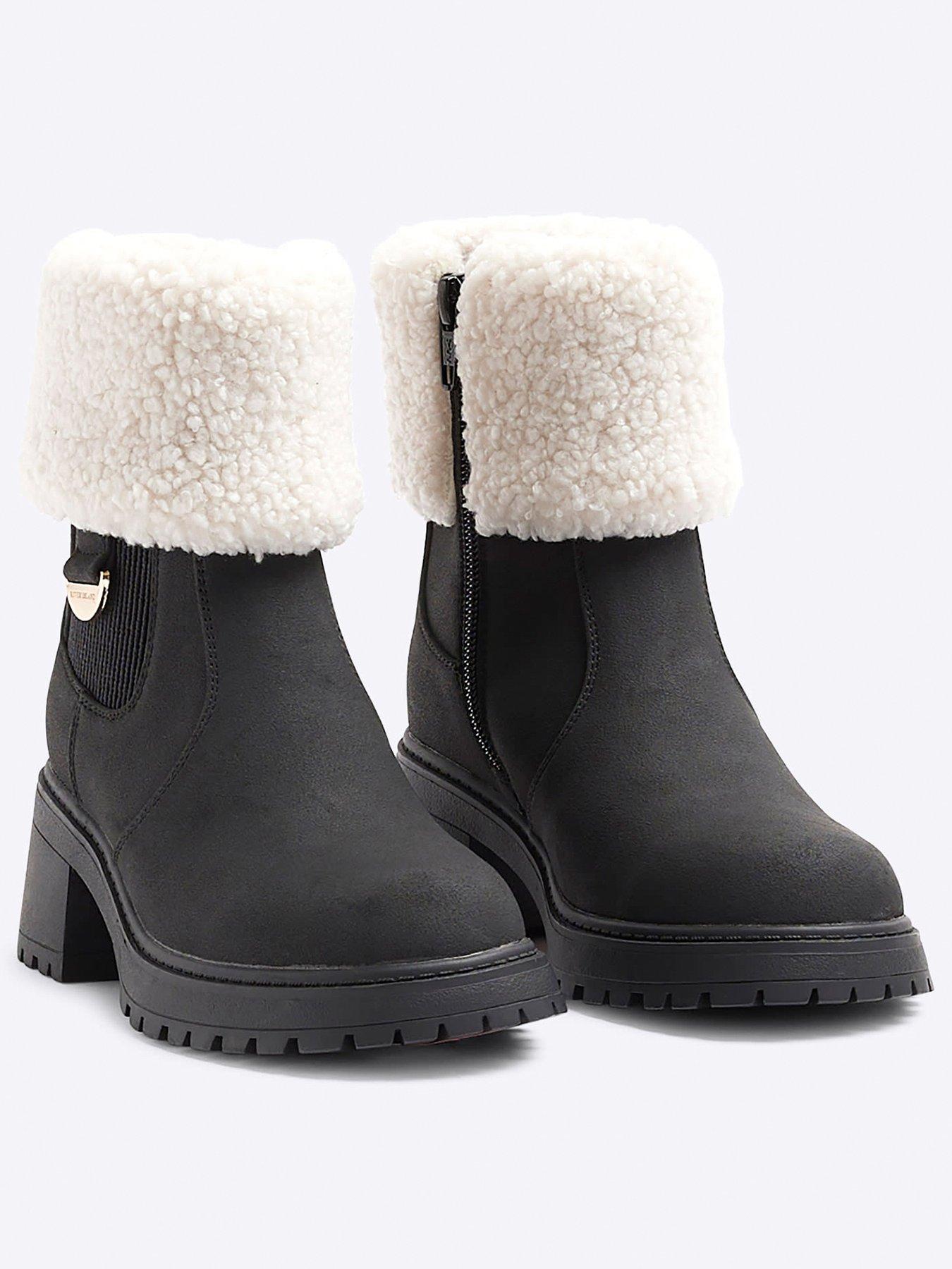 Image 2 of 5 of River Island Shearling Cuff Heeled Boots - Black