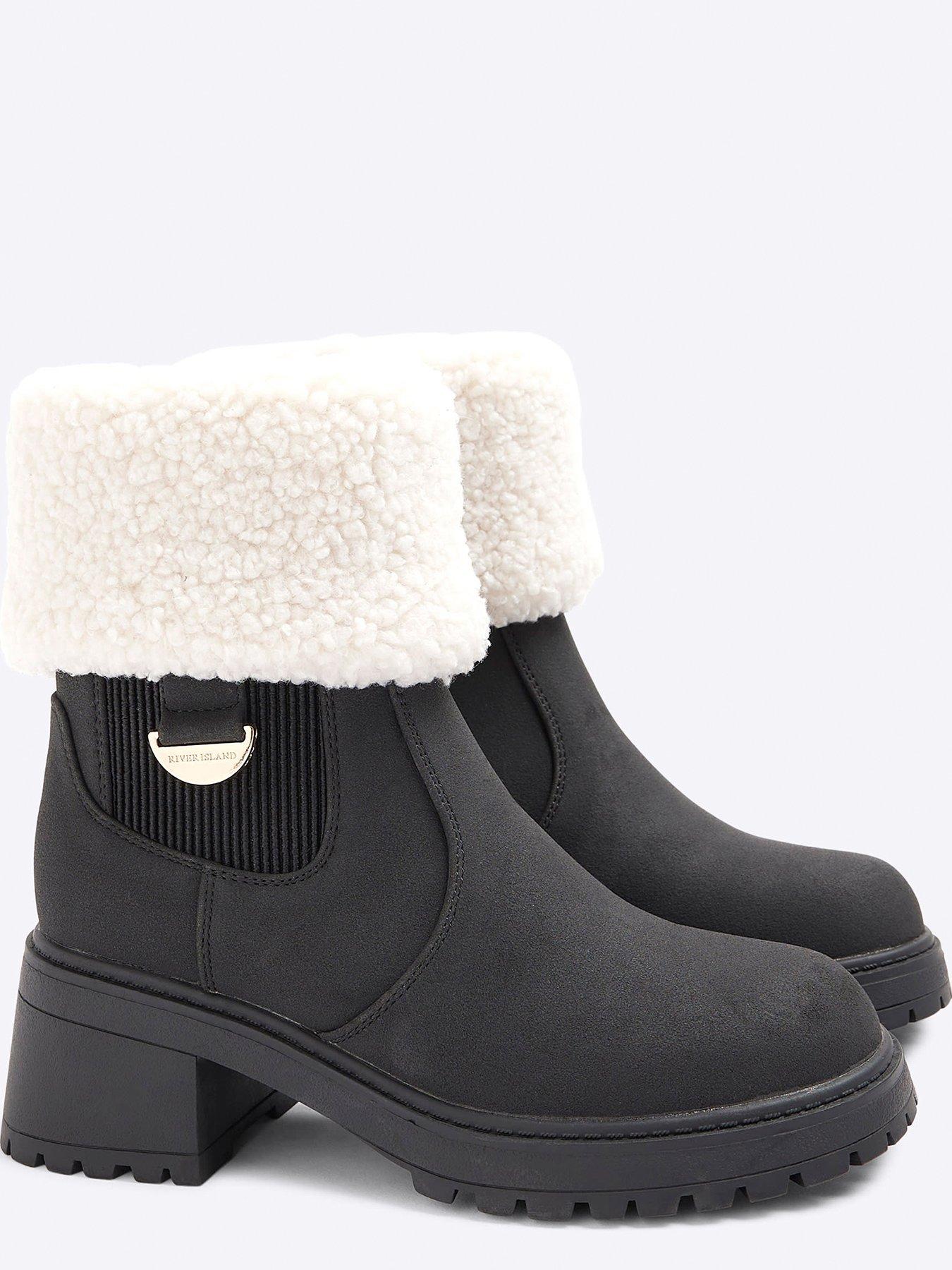 Image 4 of 5 of River Island Shearling Cuff Heeled Boots - Black