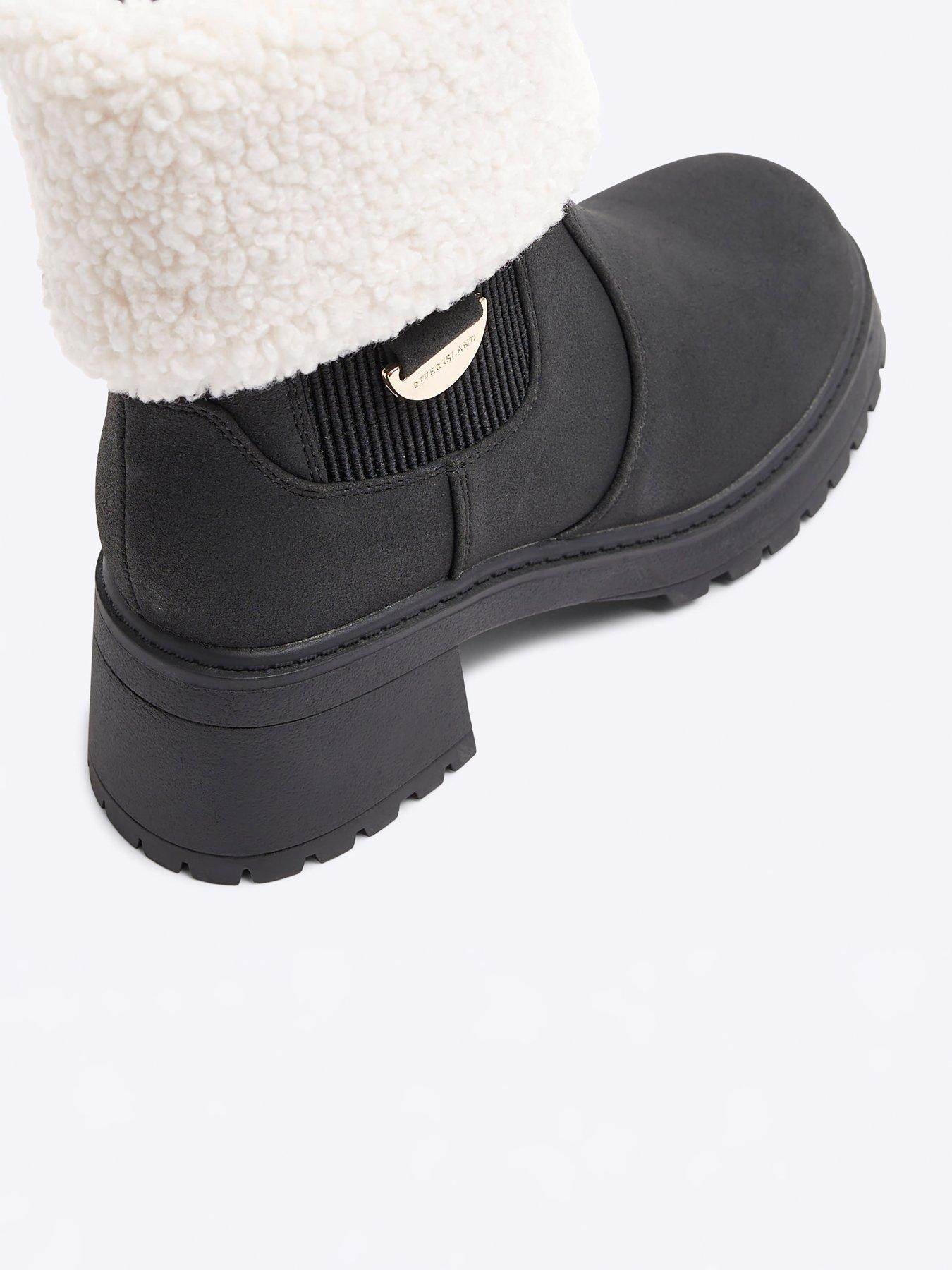 Image 5 of 5 of River Island Shearling Cuff Heeled Boots - Black