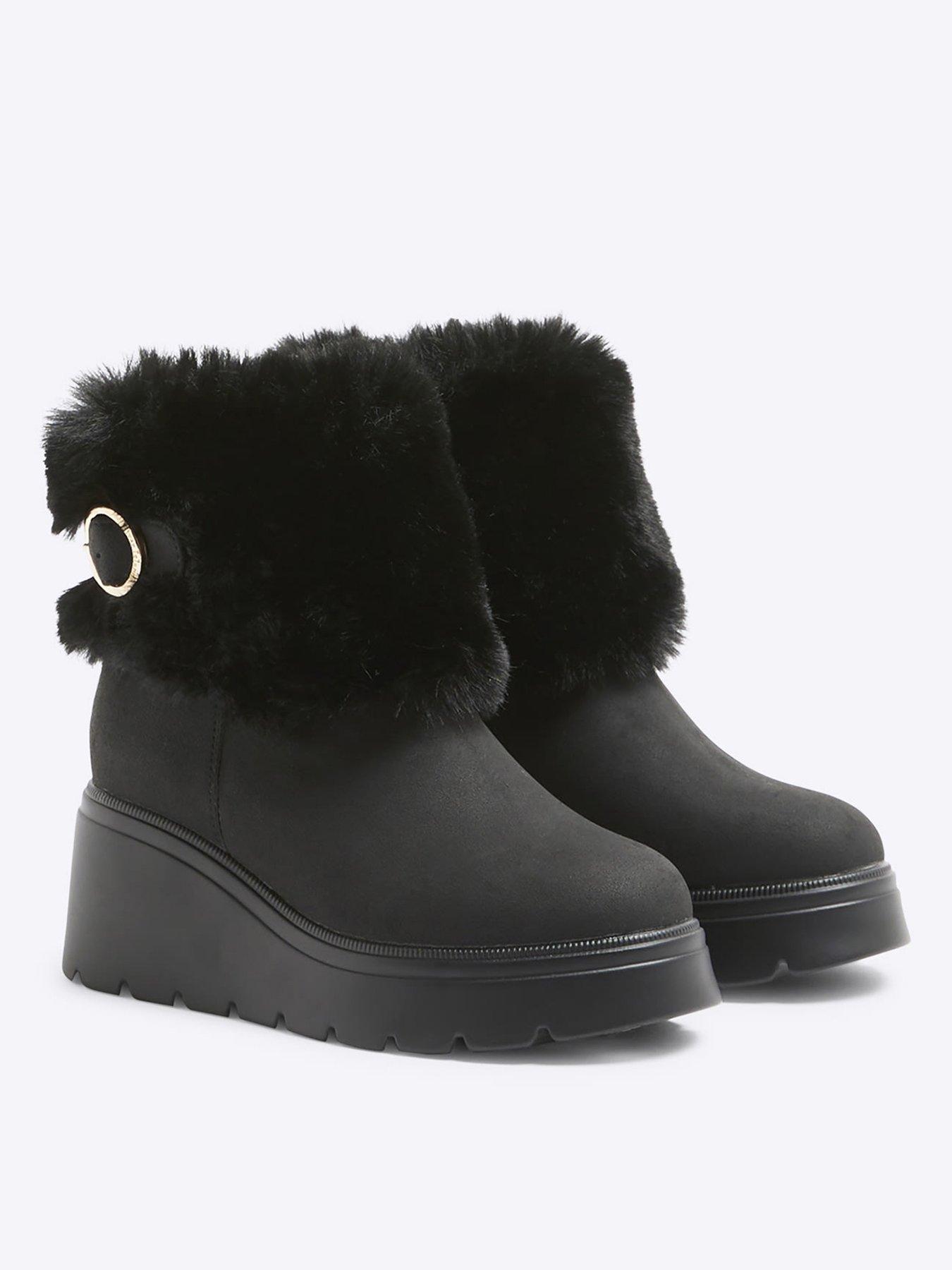 Image 2 of 5 of River Island Older Girl Pu Faux Fur Cuff Boot - Black