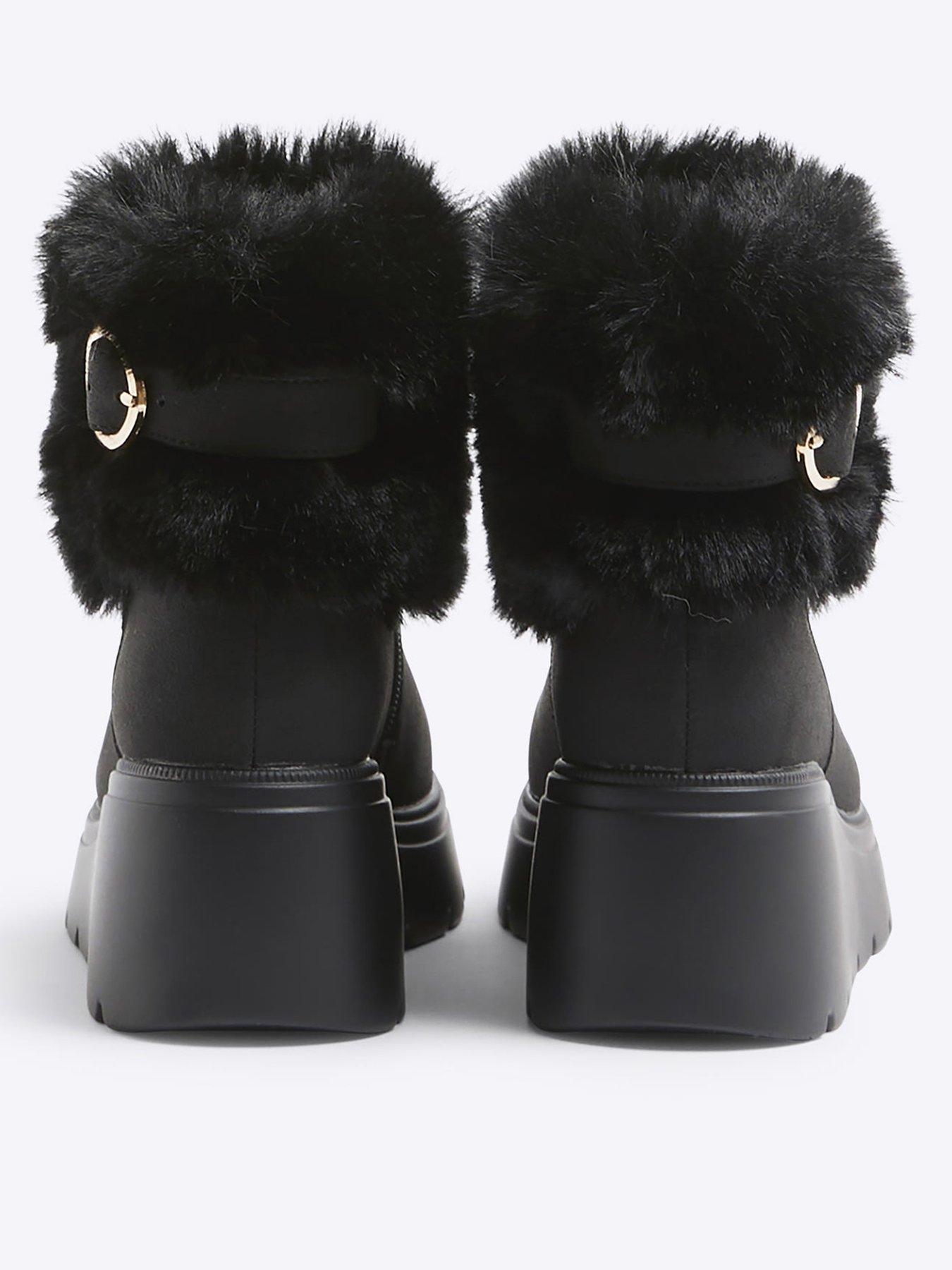 Image 3 of 5 of River Island Older Girl Pu Faux Fur Cuff Boot - Black