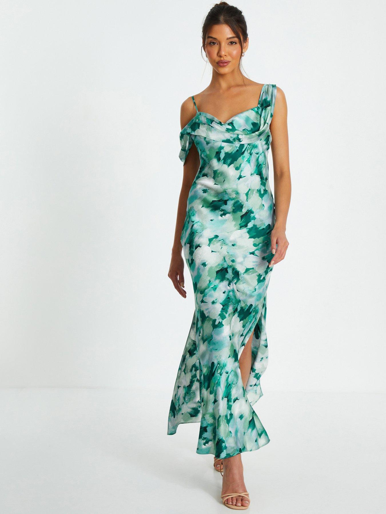 Image 1 of 6 of Quiz Blue Floral Satin Asymmetric Midaxi Dress