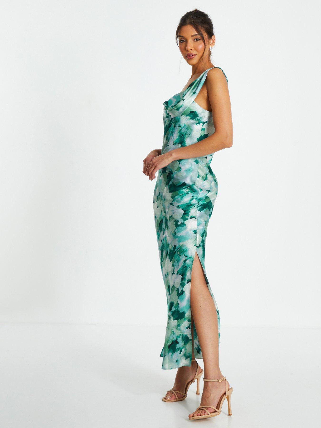 Quiz Blue Floral Satin Asymmetric Midaxi Dress | Very.co.uk