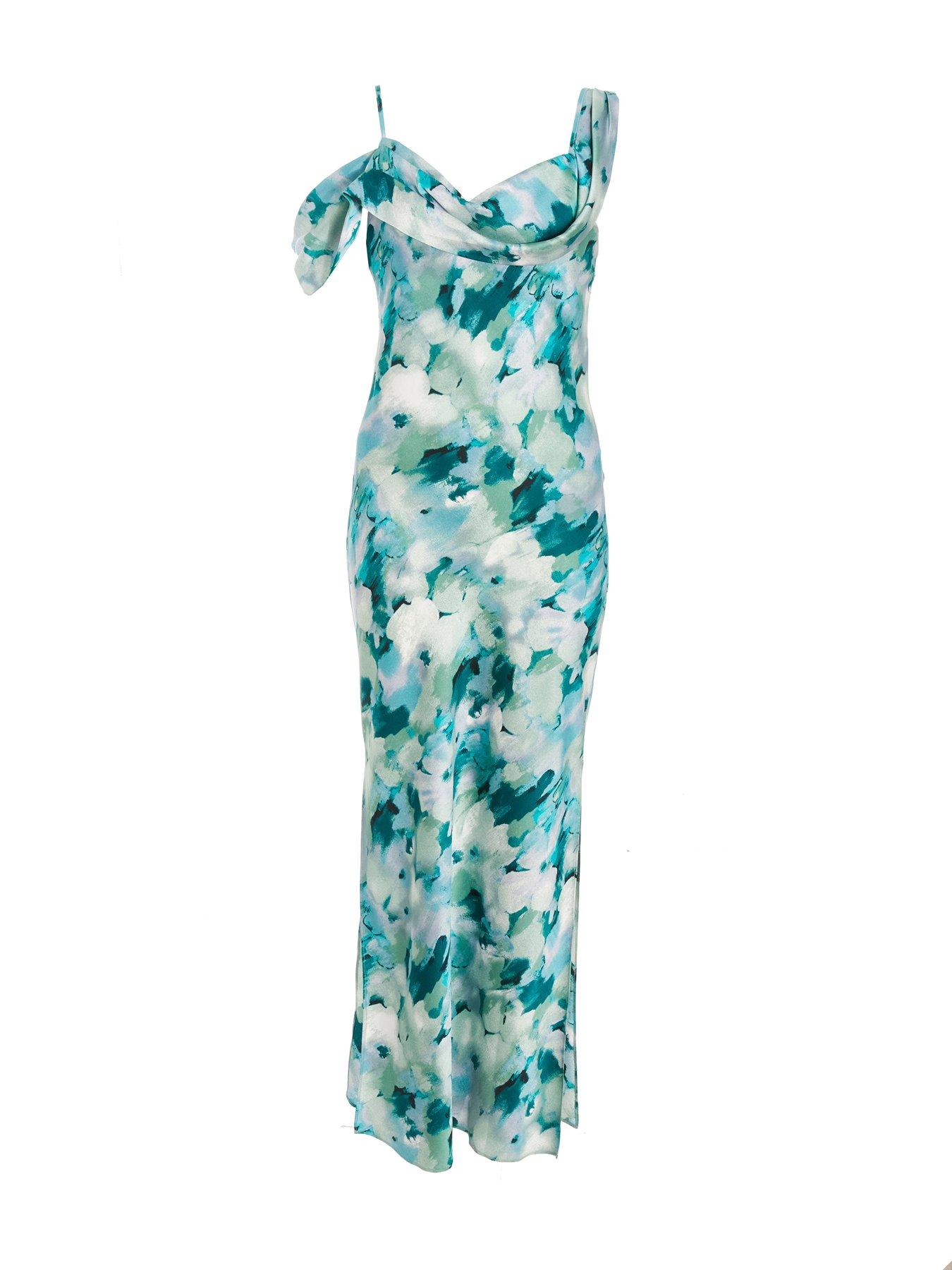 Image 4 of 6 of Quiz Blue Floral Satin Asymmetric Midaxi Dress