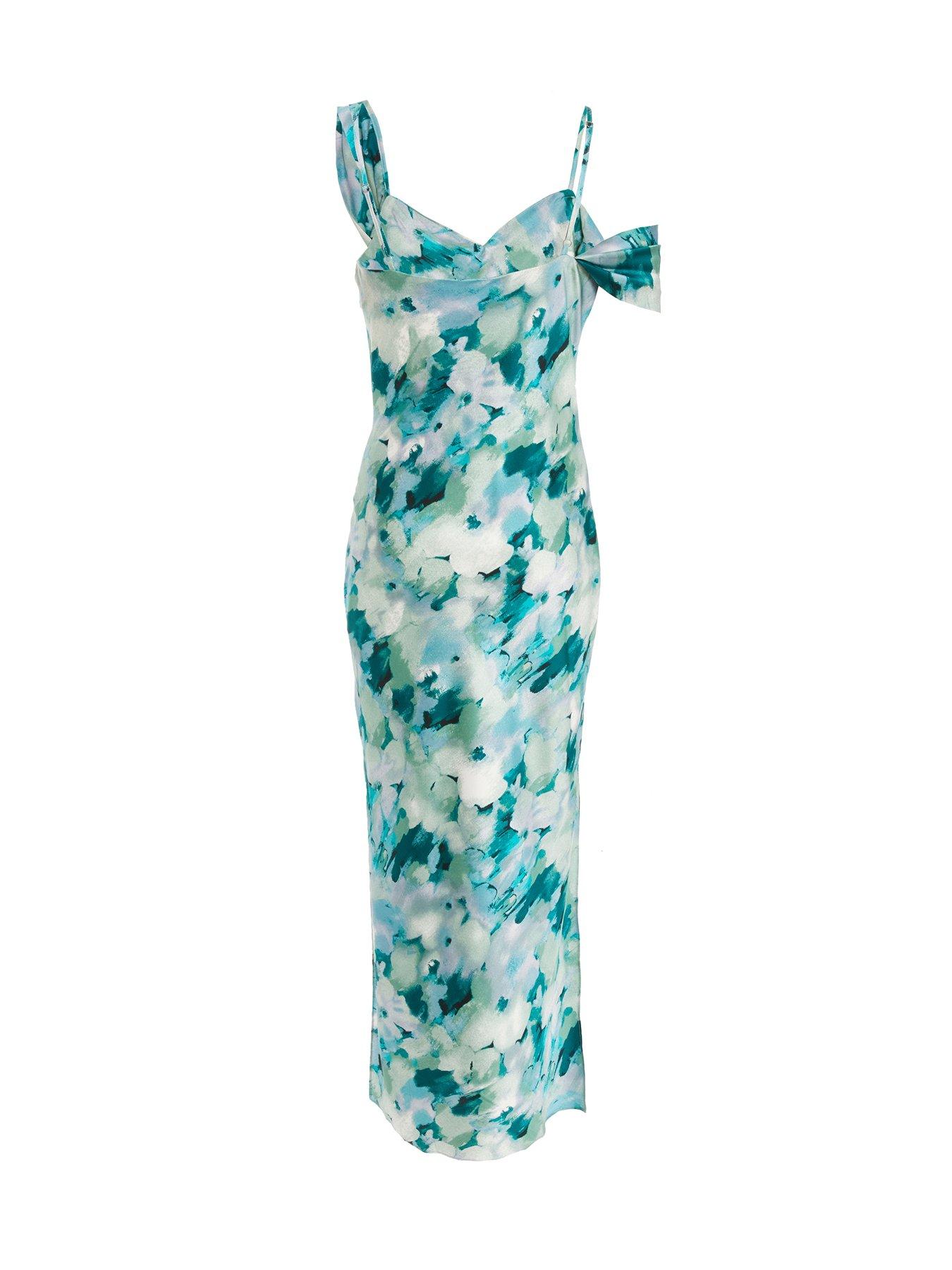 Image 5 of 6 of Quiz Blue Floral Satin Asymmetric Midaxi Dress