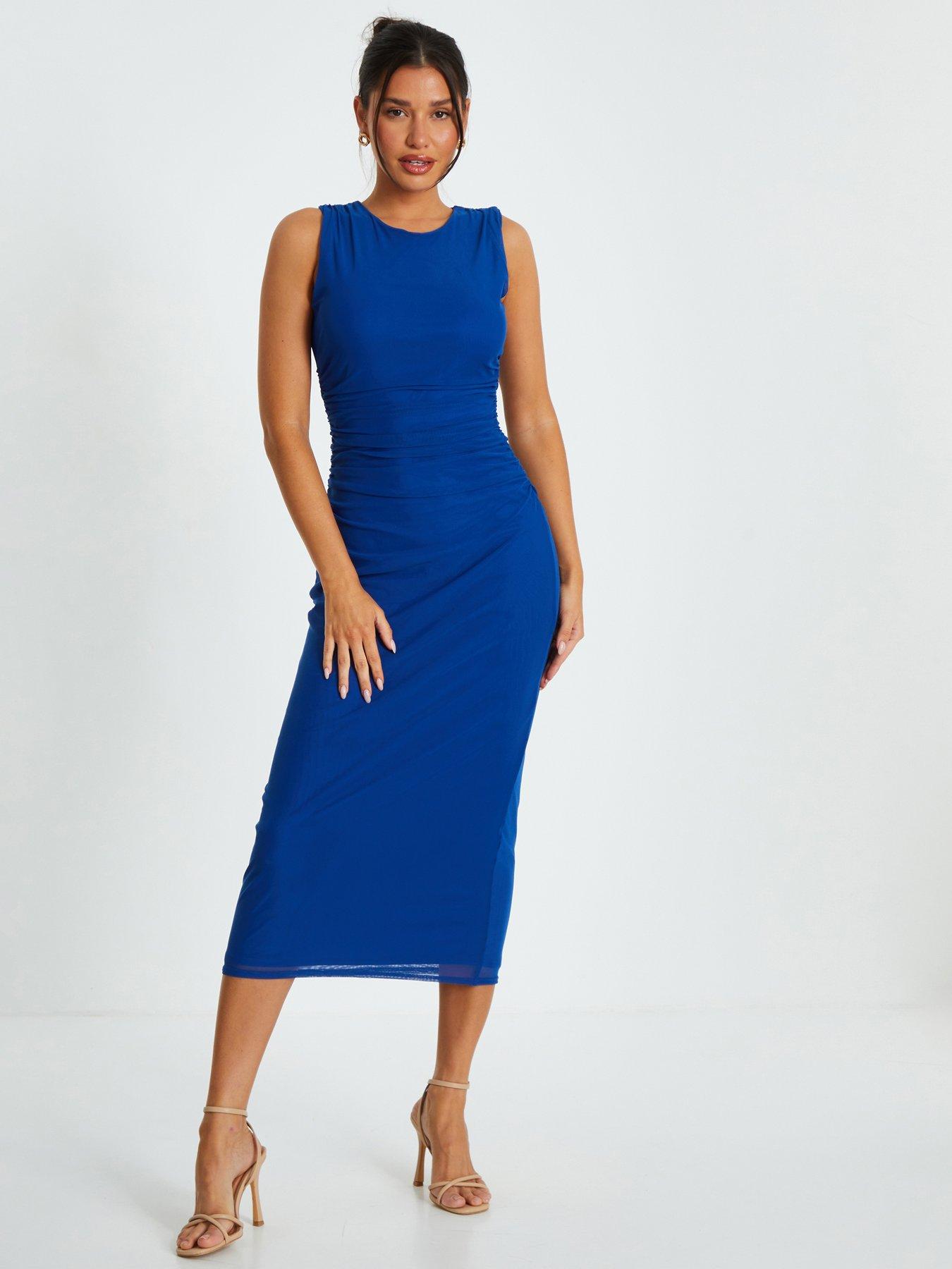 Image 1 of 6 of Quiz Blue Mesh Ruched Boydcon Midaxi Dress